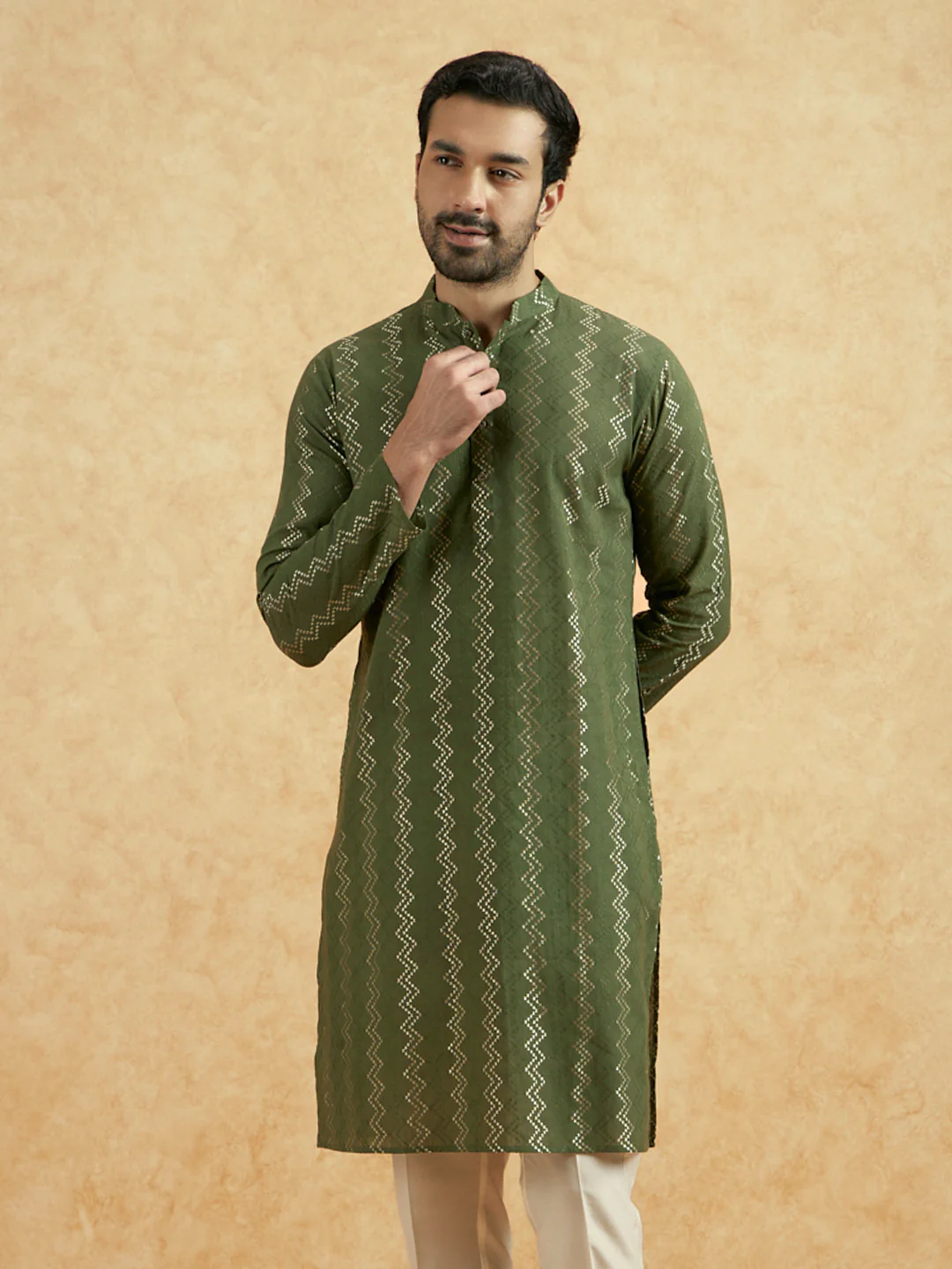 Green Silk Blend Textured Kurta Trouser Set - Image 7