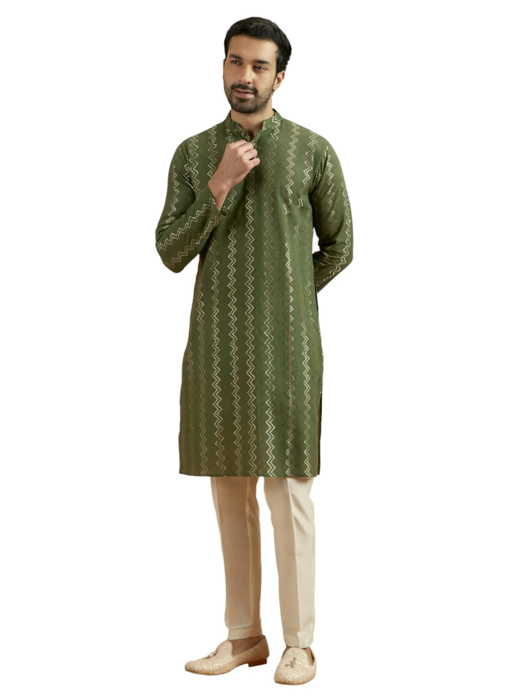 Green Silk Blend Textured Kurta Trouser Set - Image 8