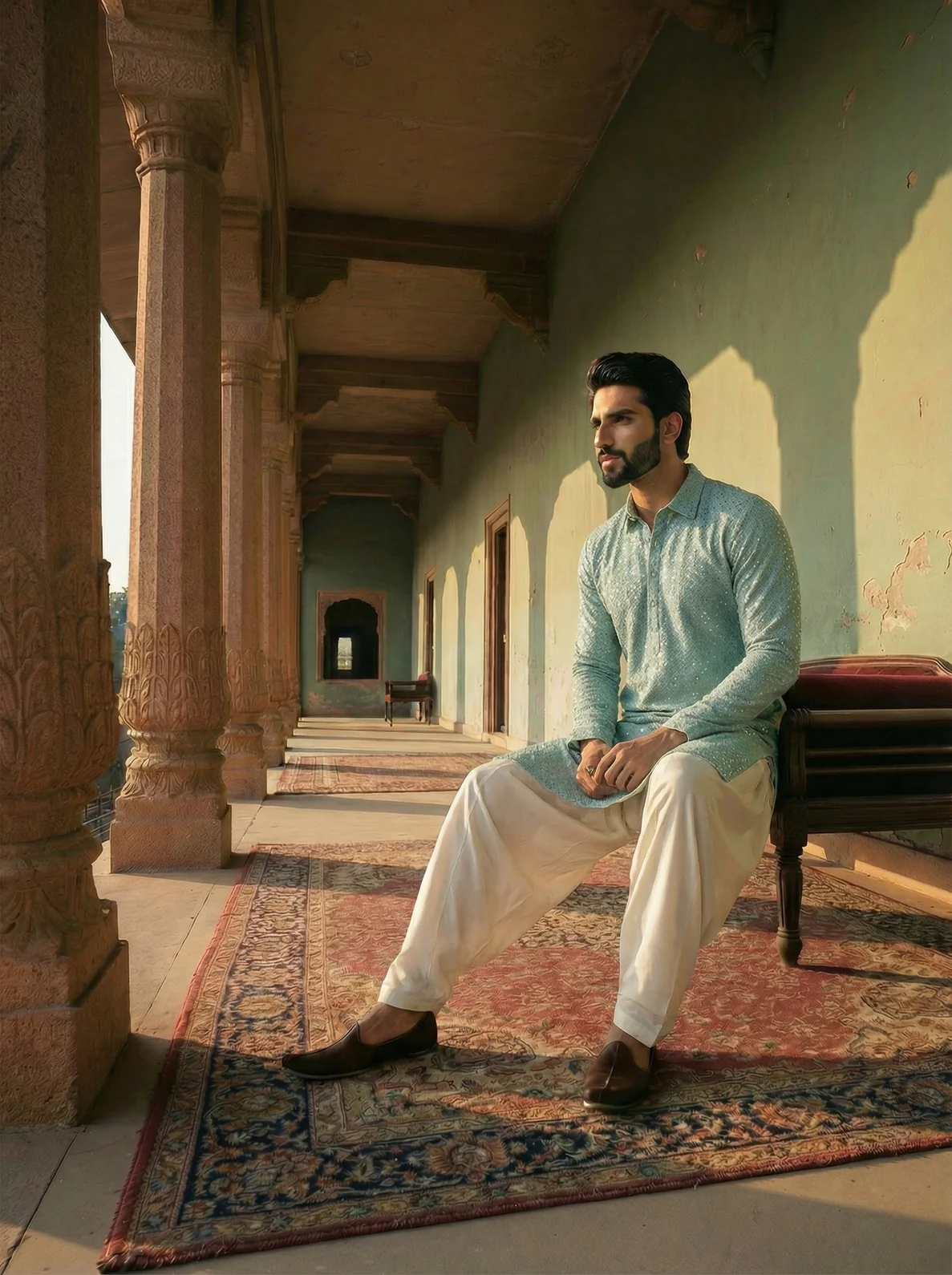Green Viscose Embellished Pathani Kurta Patiyala Set