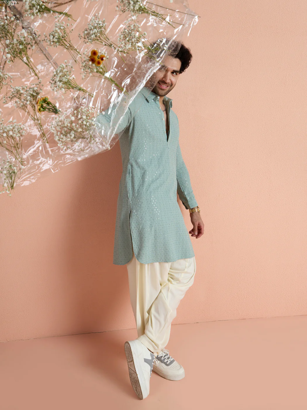 Green Viscose Embellished Pathani Kurta Patiyala Set - Image 10