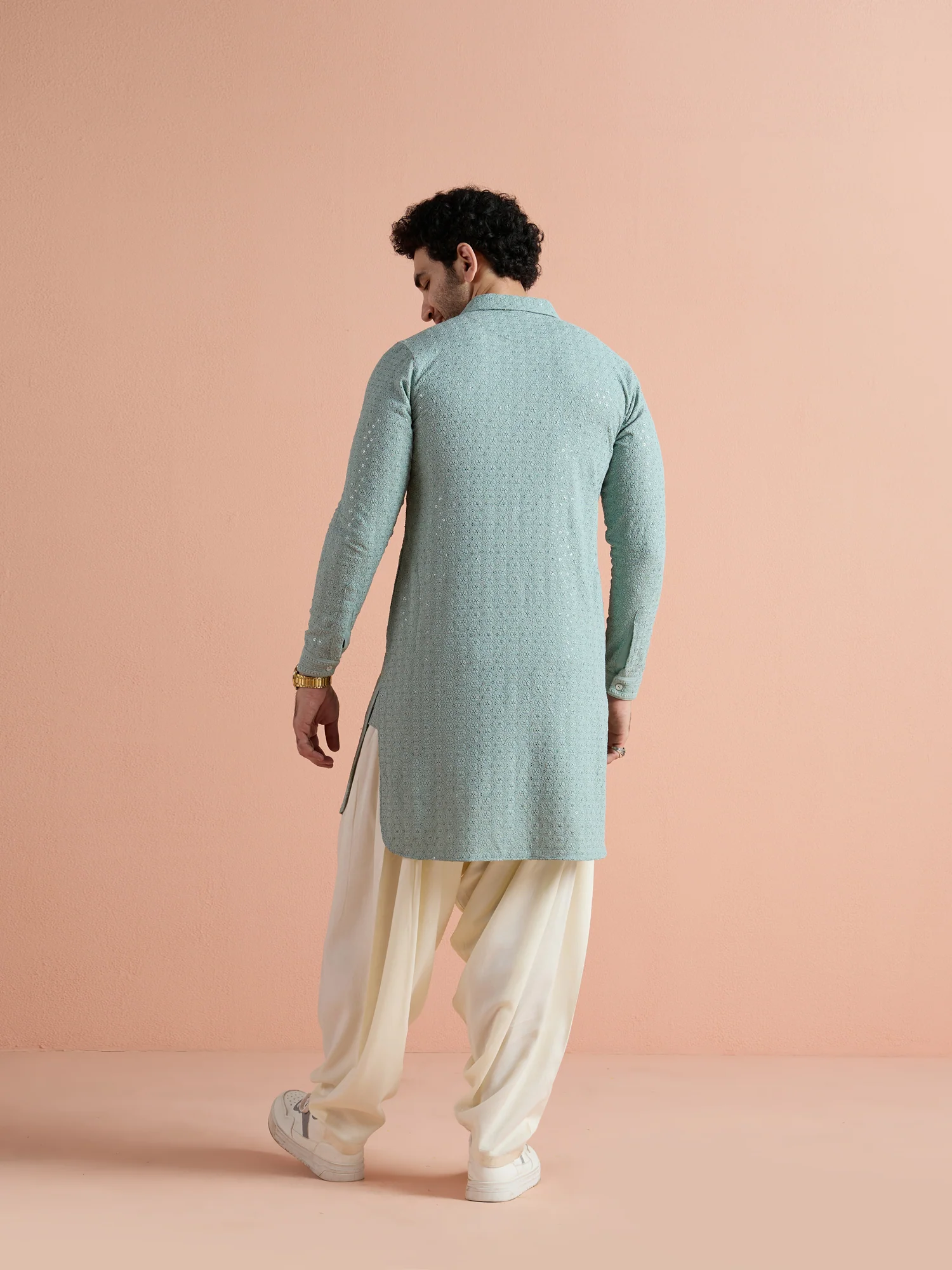 Green Viscose Embellished Pathani Kurta Patiyala Set - Image 5