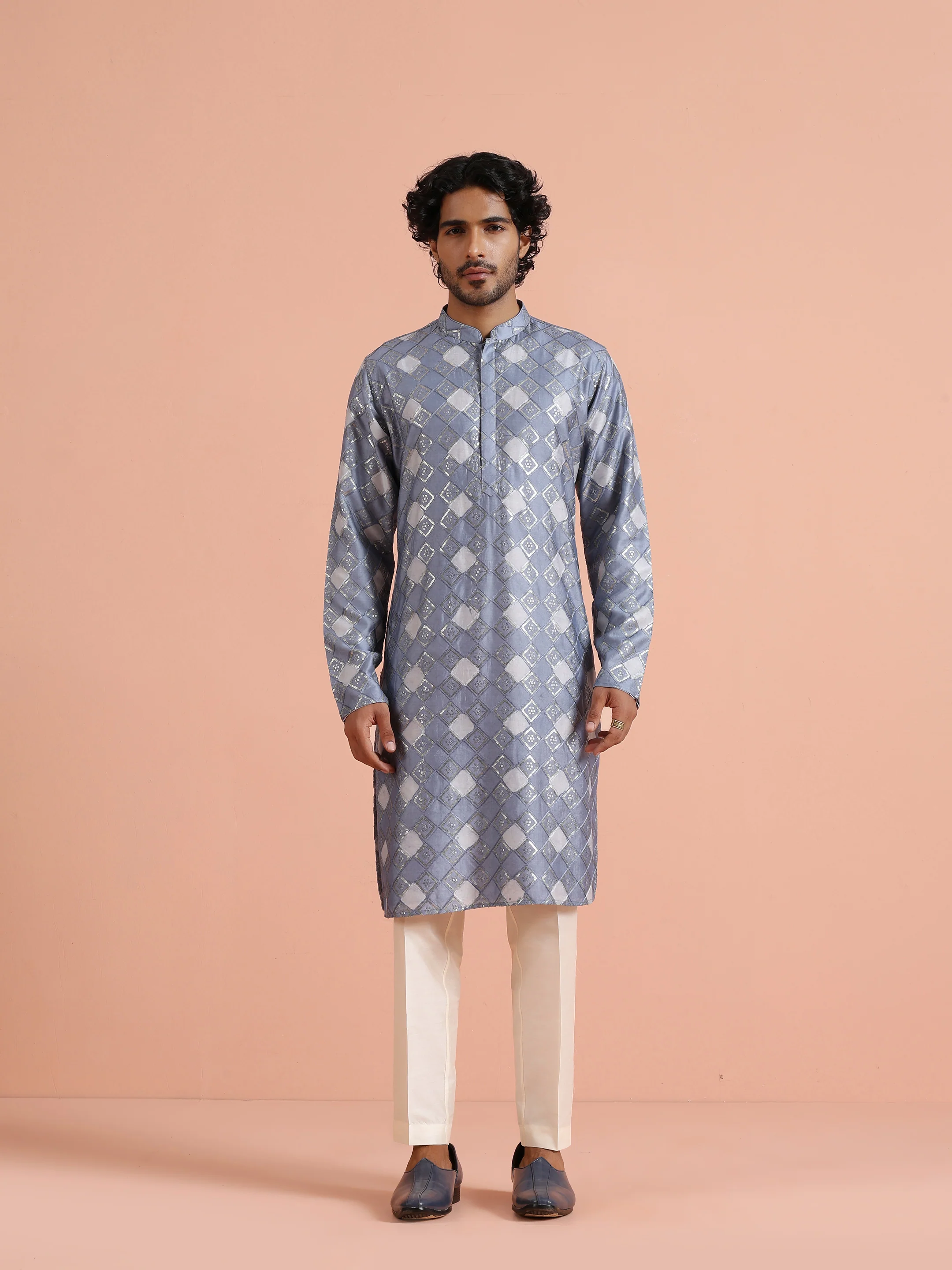 Grey Blue Chanderi Metallic Kurta Trouser Set - Image 3