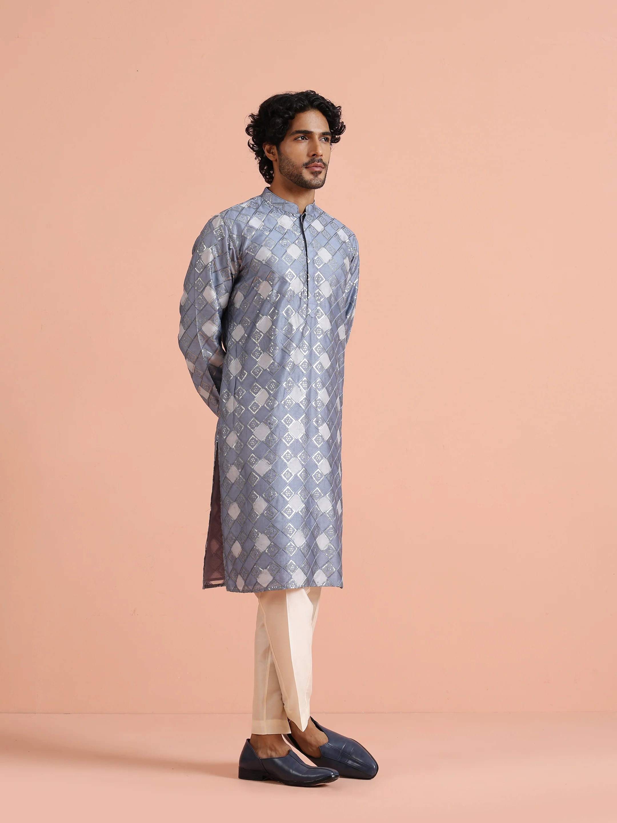 Grey Blue Chanderi Metallic Kurta Trouser Set - Image 4