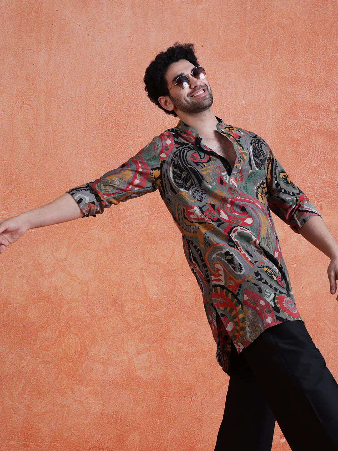 Grey Cotton Blend Printed Mid Kurta Wide Leg Trouser Set - Image 10