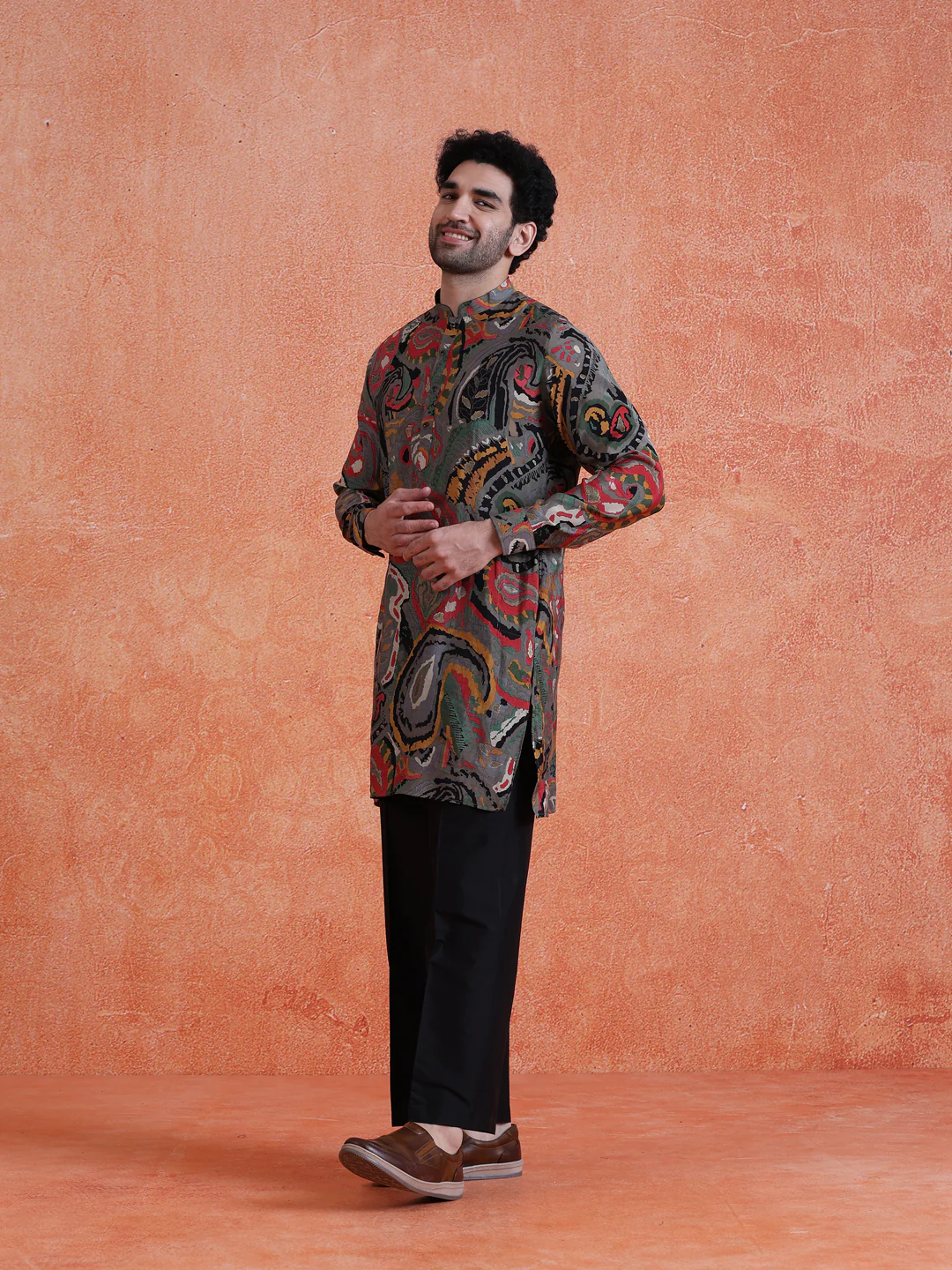 Grey Cotton Blend Printed Mid Kurta Wide Leg Trouser Set - Image 2