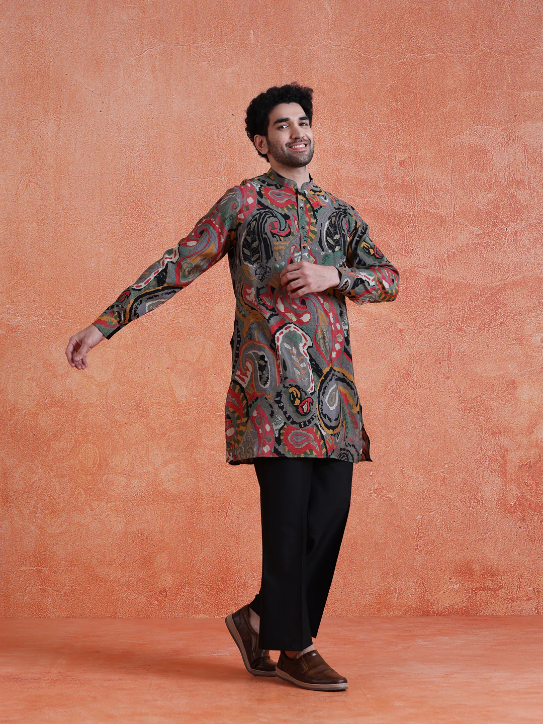 Grey Cotton Blend Printed Mid Kurta Wide Leg Trouser Set - Image 3