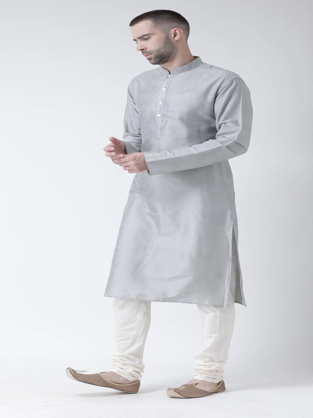 Grey Cotton Silk Plain Kurta - Image 4