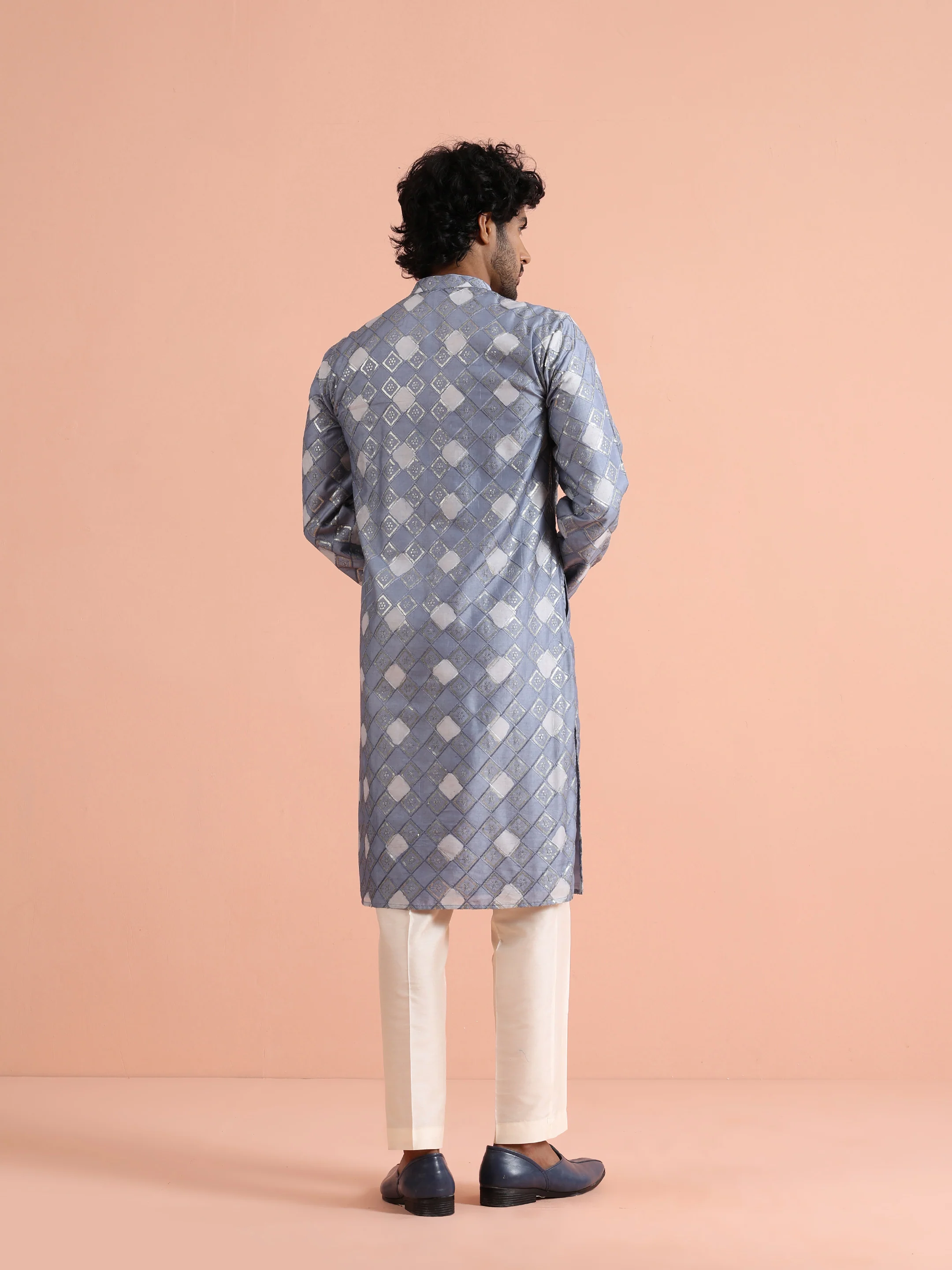 Grey Geometric Jacquard Kurta - Image 5