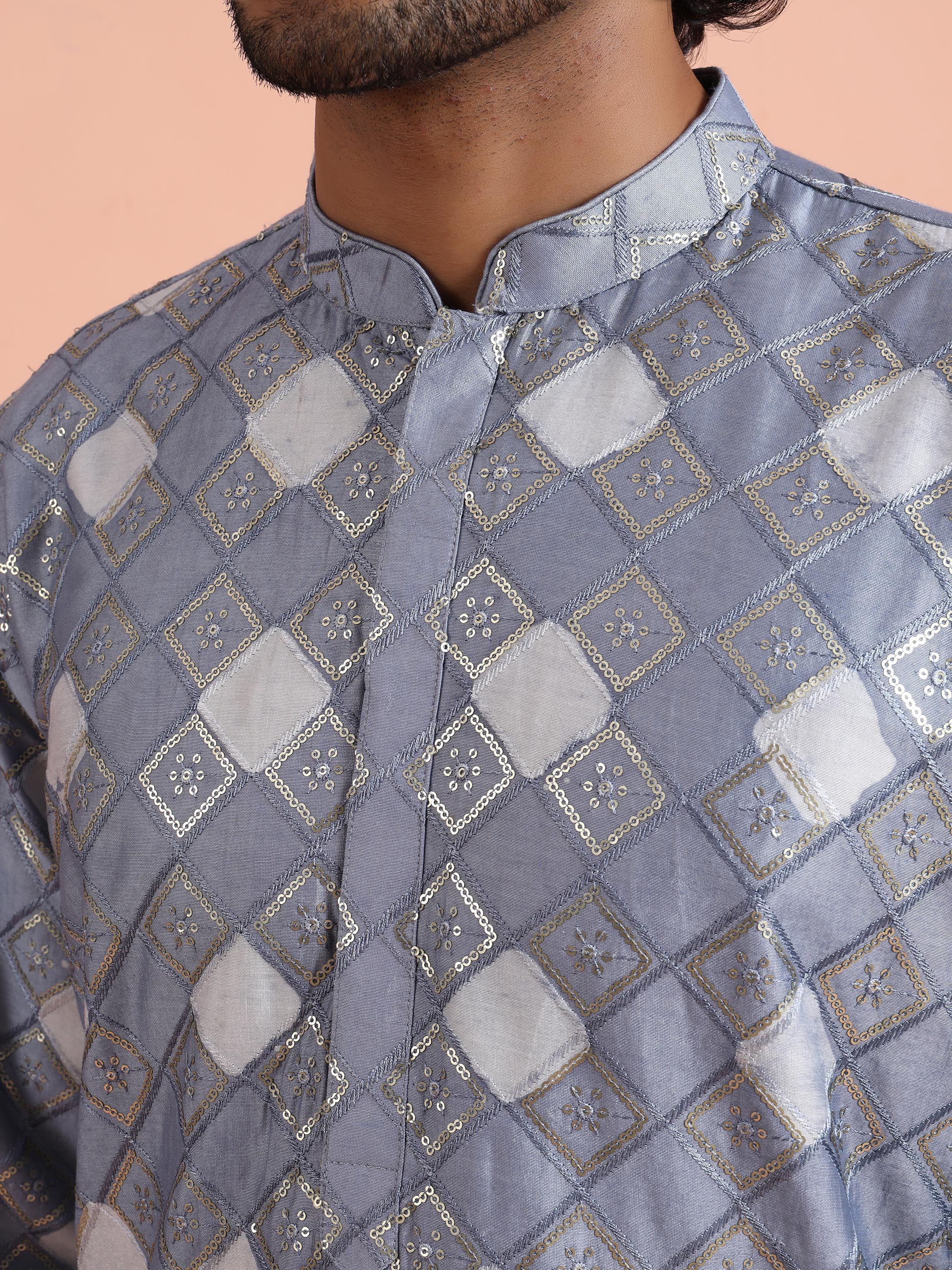 Grey Geometric Jacquard Kurta - Image 6