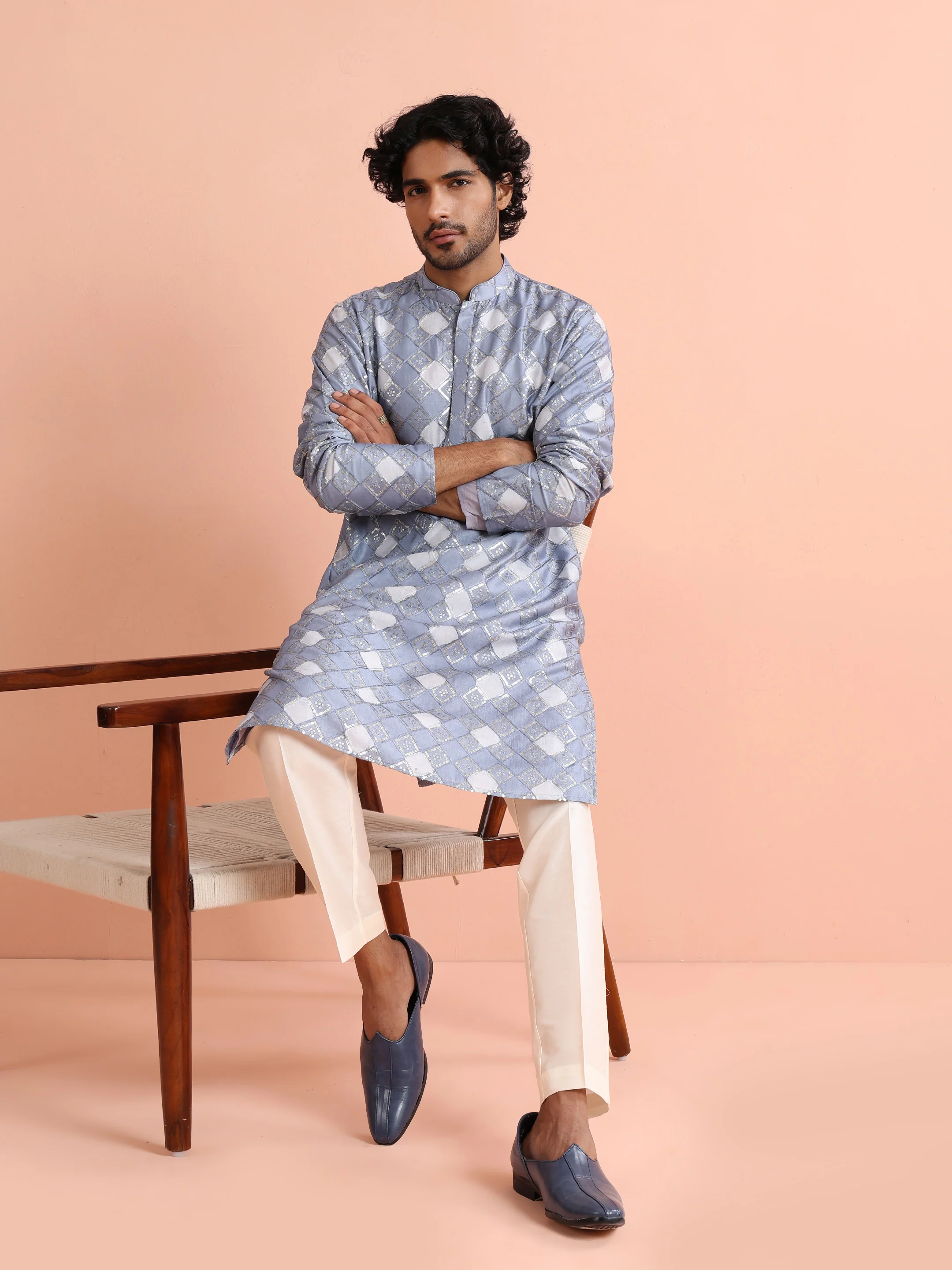 Grey Geometric Jacquard Kurta - Image 8