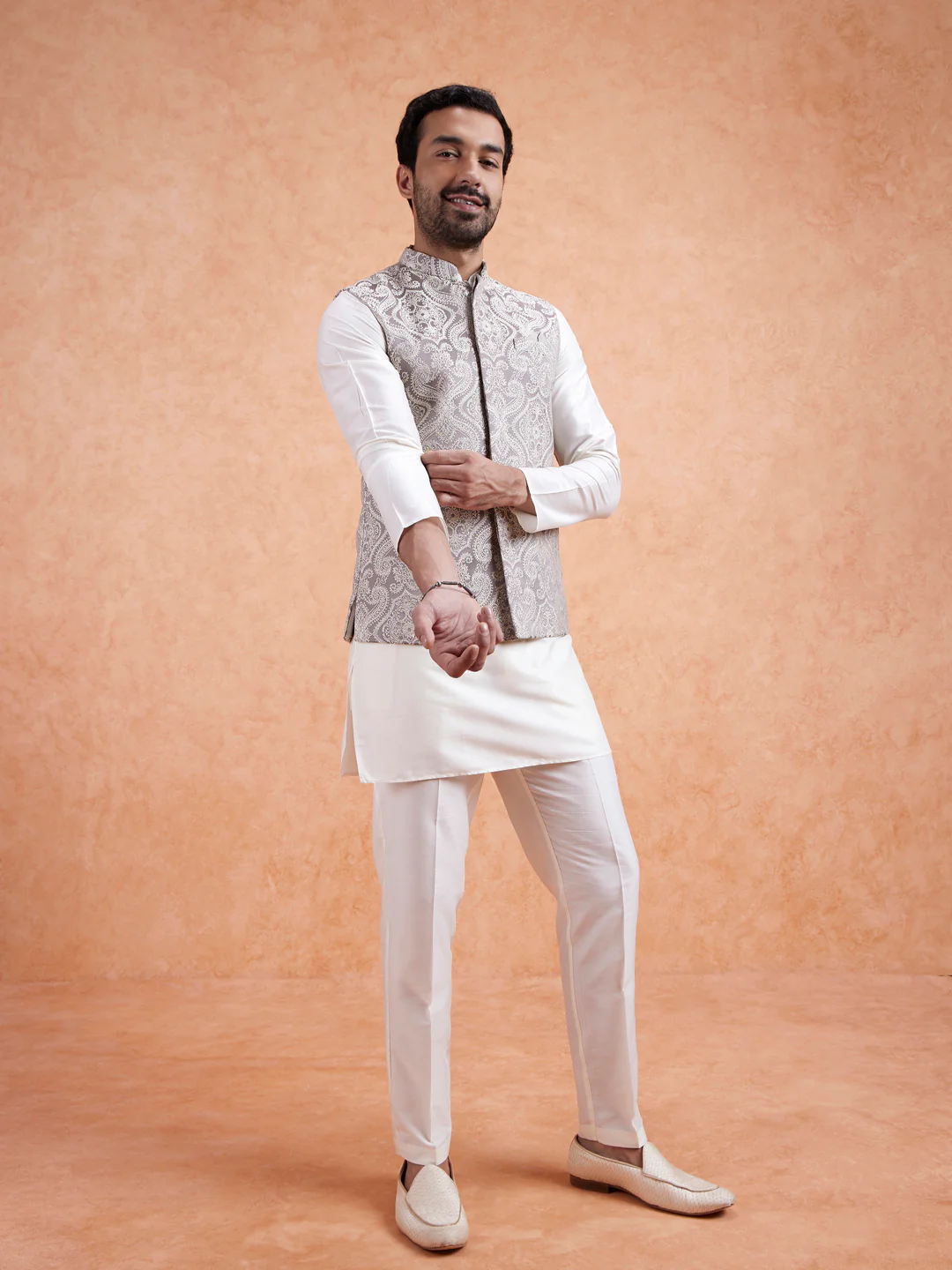 Cream Paisley Jacquard Kurta Jacket Set