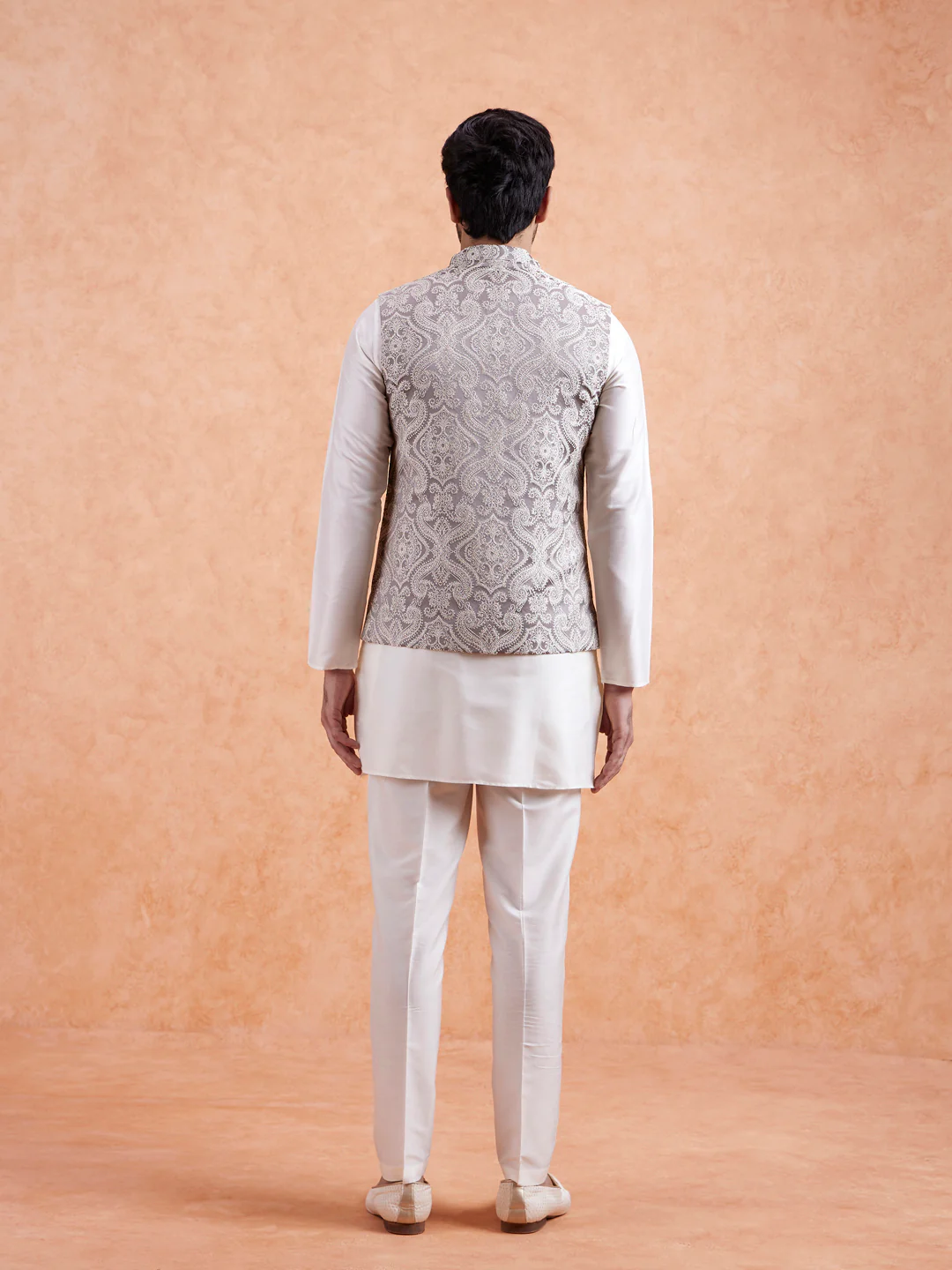 Cream Paisley Jacquard Kurta Jacket Set - Image 4