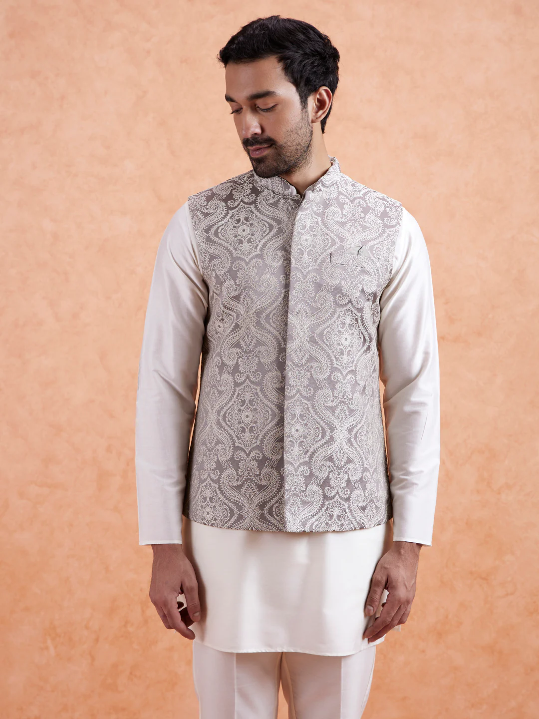 Cream Paisley Jacquard Kurta Jacket Set - Image 9