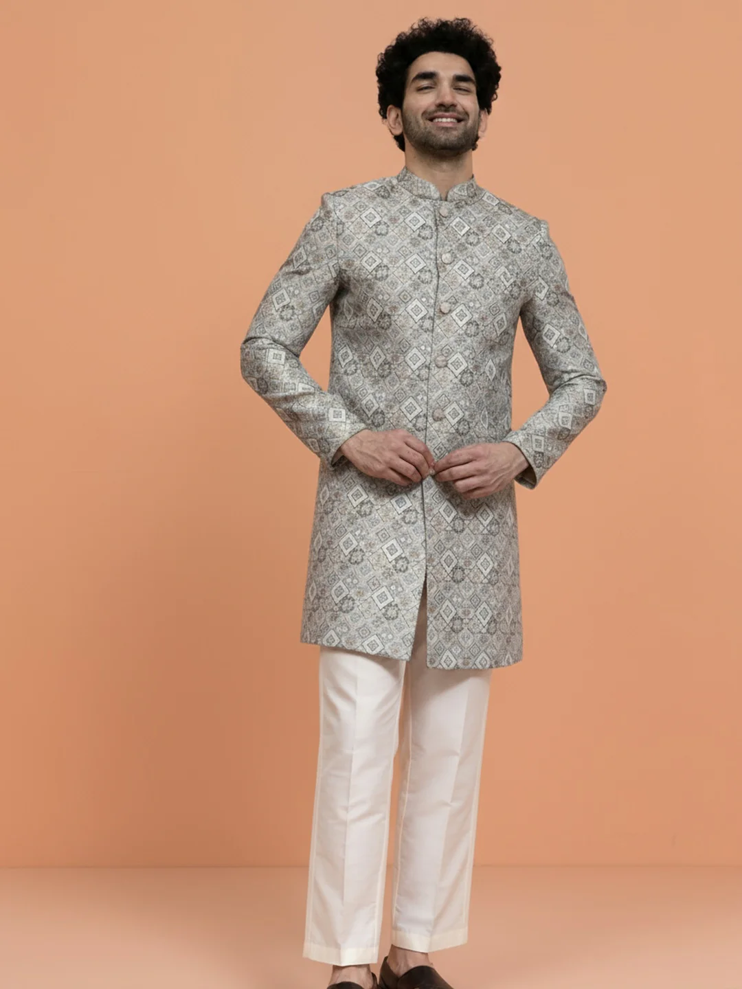 Grey Mint Textured Sherwani Trouser Set