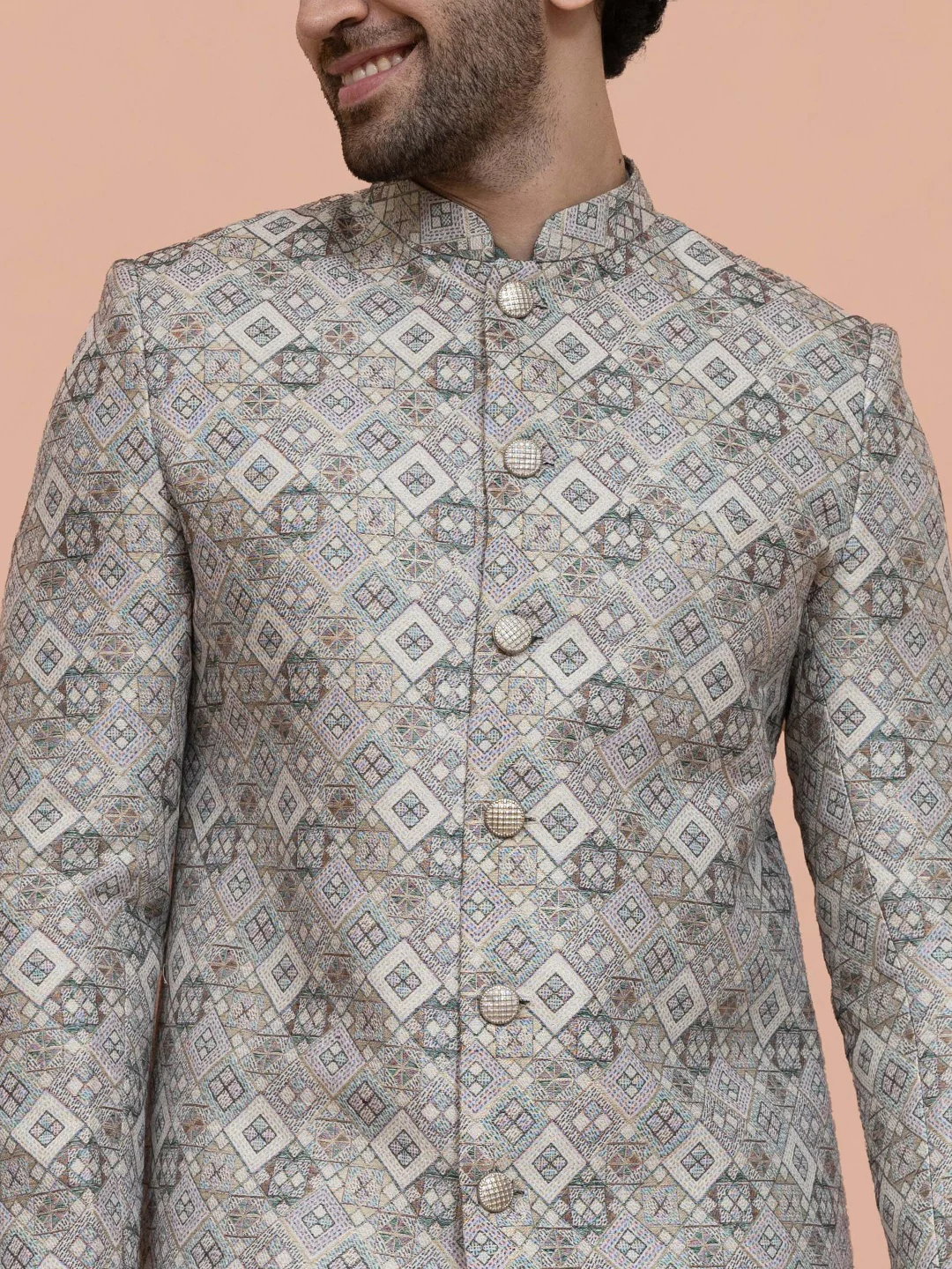 Grey Mint Textured Sherwani Trouser Set - Image 4