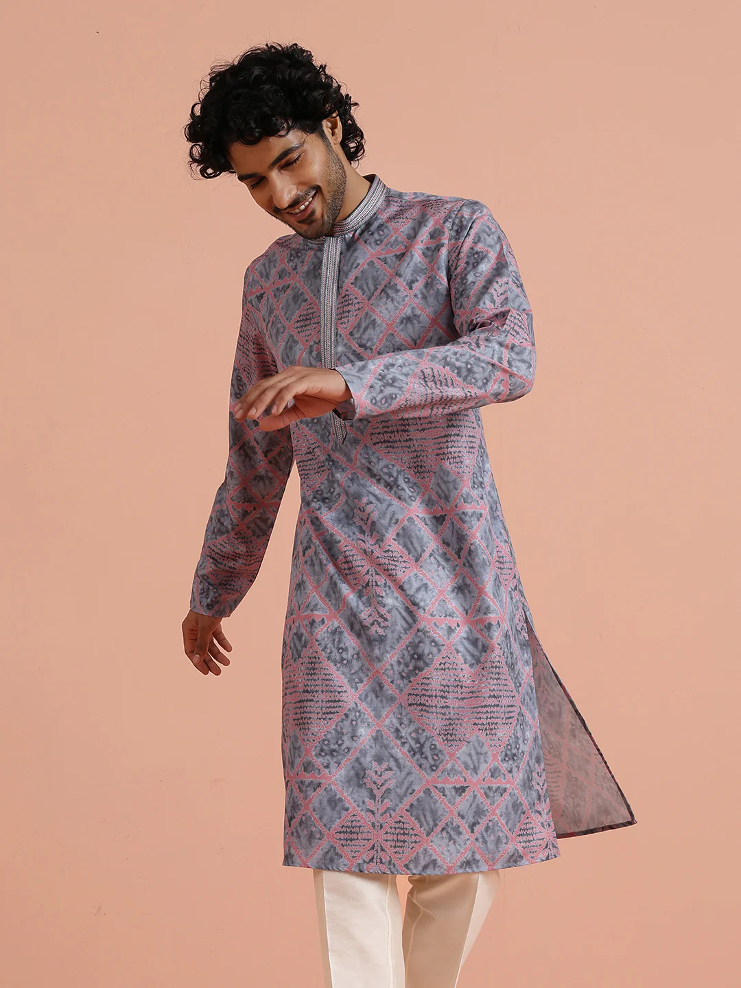 Grey & Pink Geometric Printed Kurta