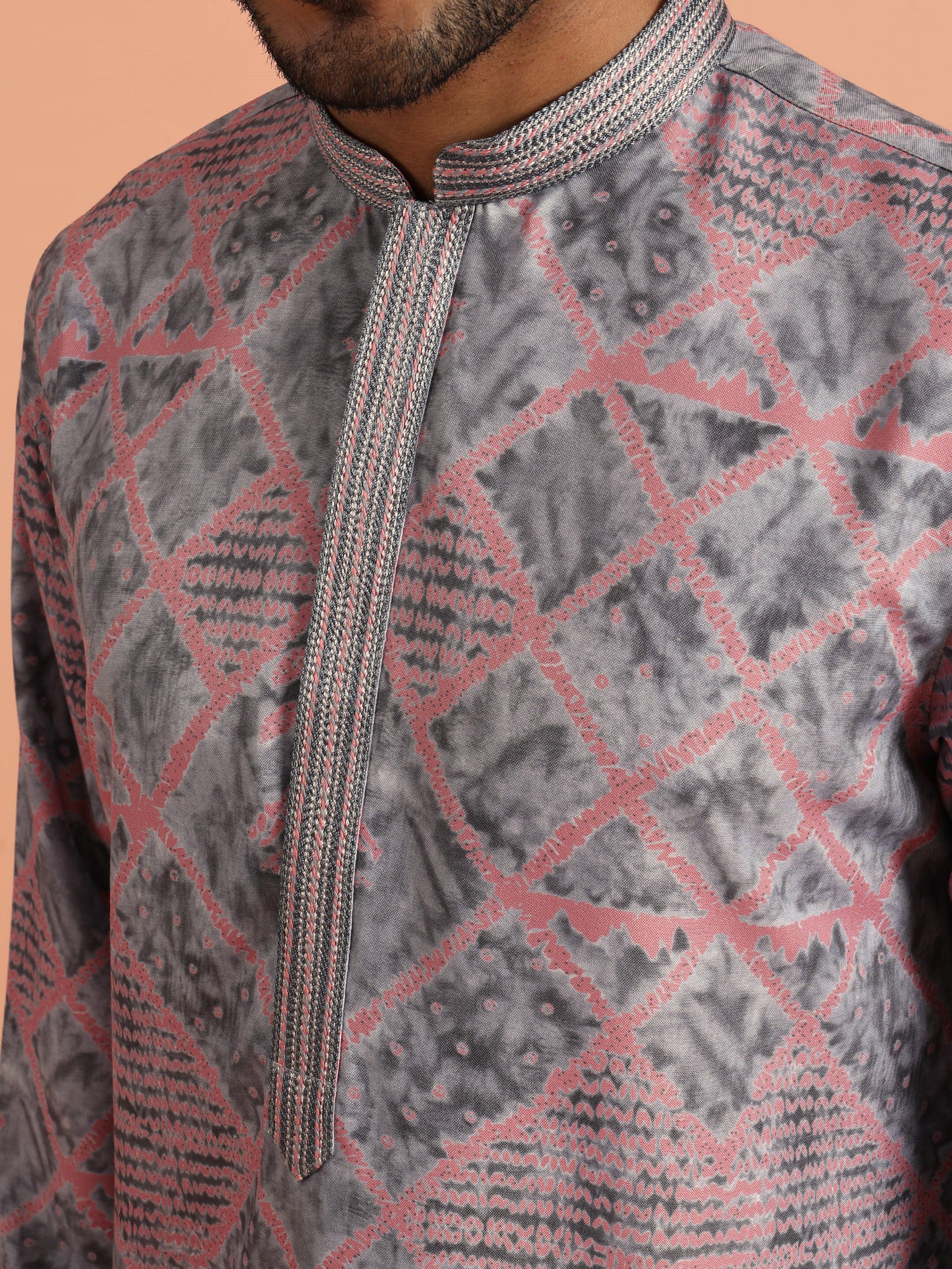 Grey & Pink Geometric Printed Kurta - Image 5