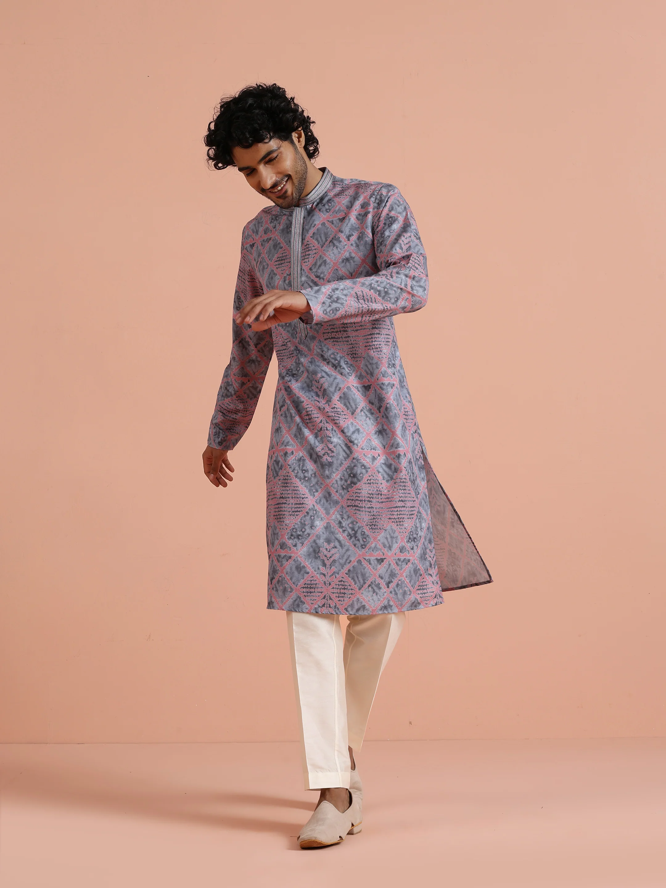 Grey Pink Printed Kurta Trouser
