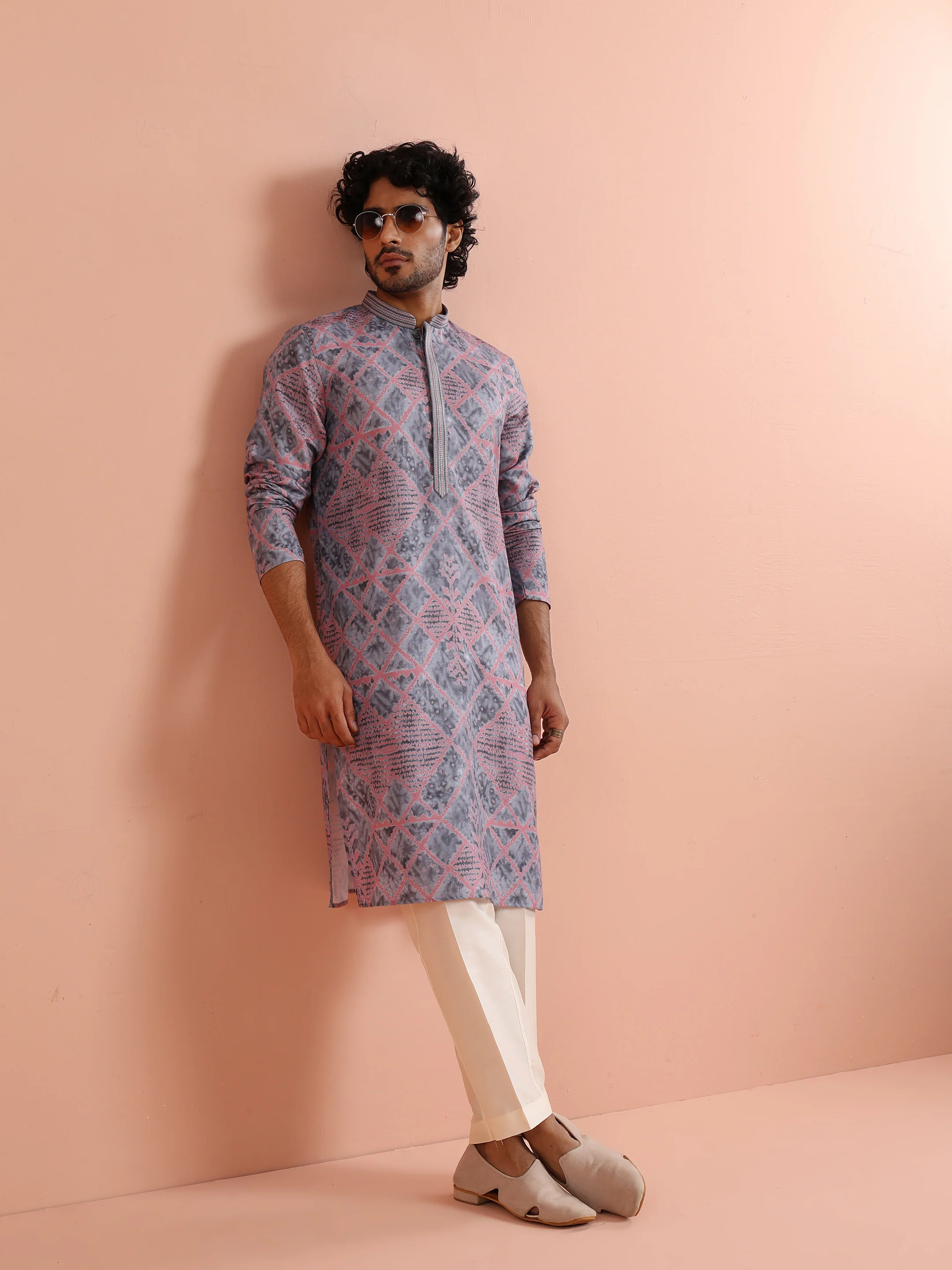 Grey Pink Printed Kurta Trouser - Image 7