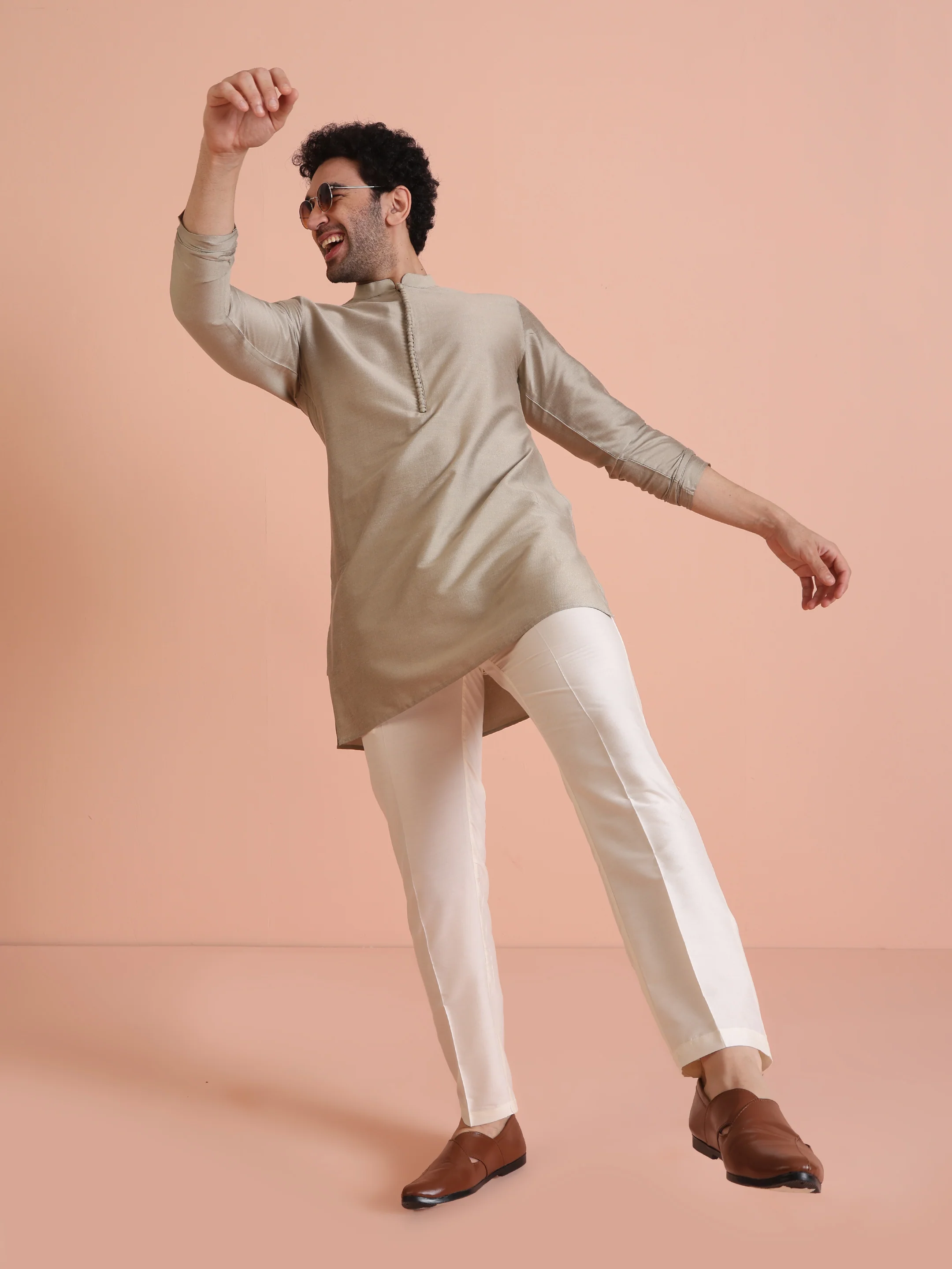 Grey Poly Silk Embellished Kurta Trouser Set
