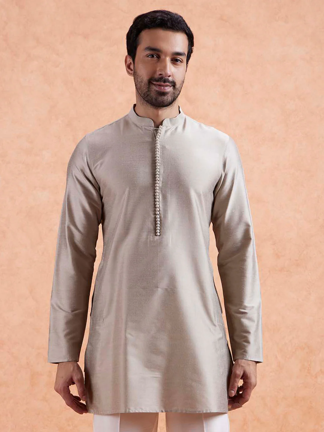 Beige Silk Blend Mid Kurta