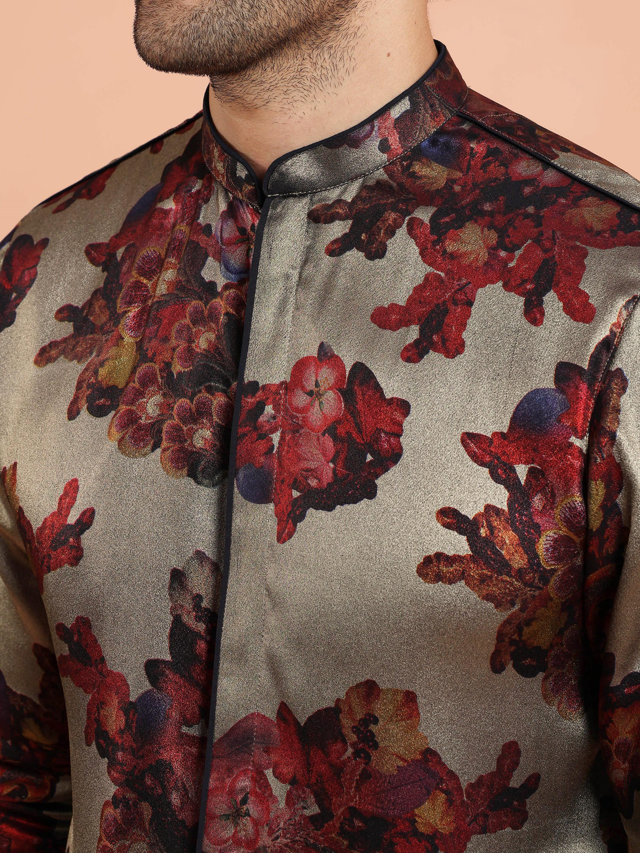 Grey Red Floral Printed Mid Kurta - Image 5