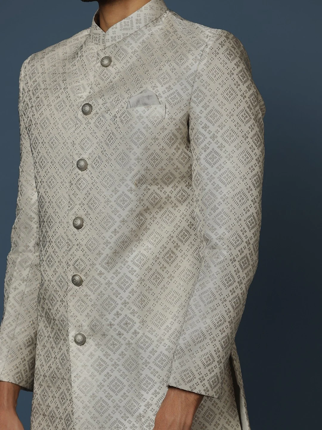 Grey Silk Blend Jacquard Sherwani Wide Leg Trouser Set - Image 4
