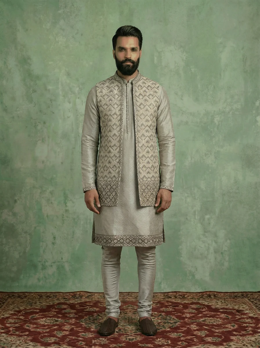 Grey Silk Blend Textured Kurta Front Open Jacket Churidar Set