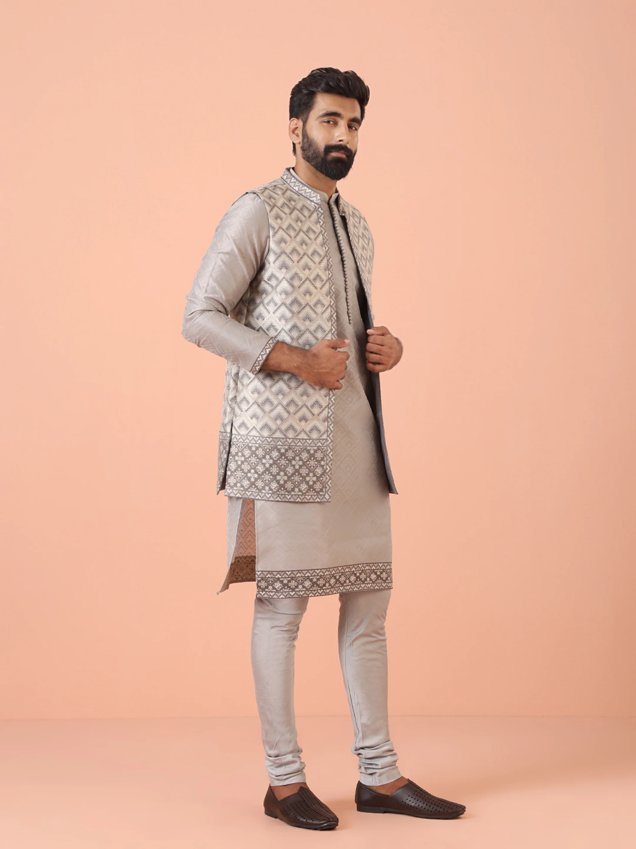 Grey Silk Blend Textured Kurta Front Open Jacket Churidar Set - Image 2