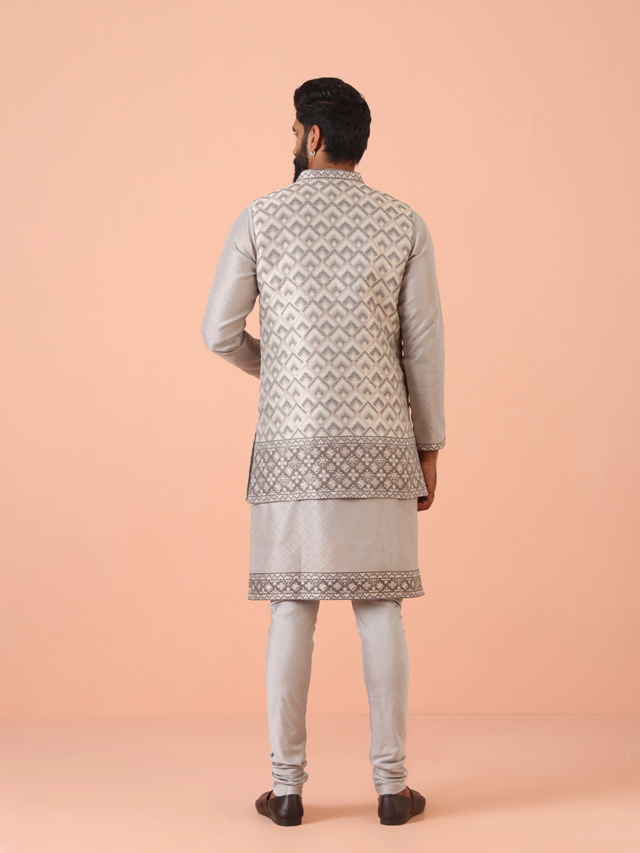 Grey Silk Blend Textured Kurta Front Open Jacket Churidar Set - Image 4