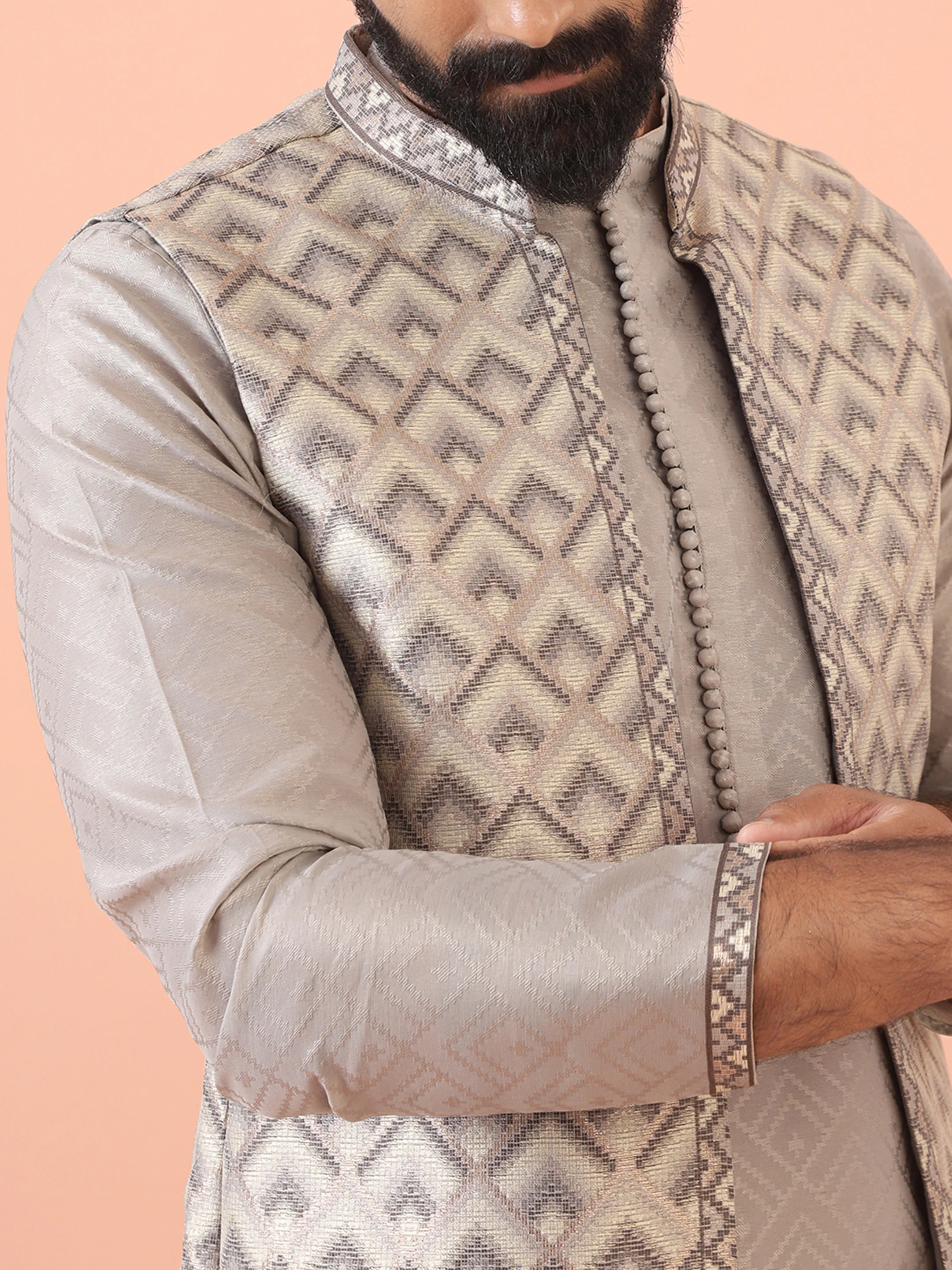 Grey Silk Blend Textured Kurta Front Open Jacket Churidar Set - Image 5