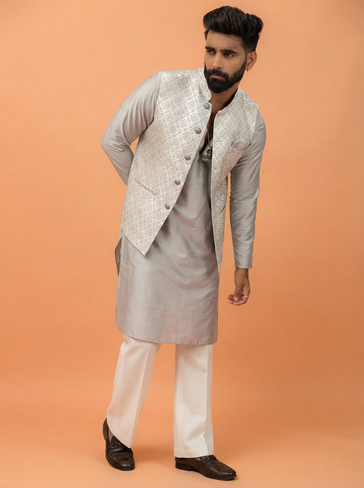 Grey Silk Blend Textured Kurta Jacket Wide Leg Trouser Set - Image 2