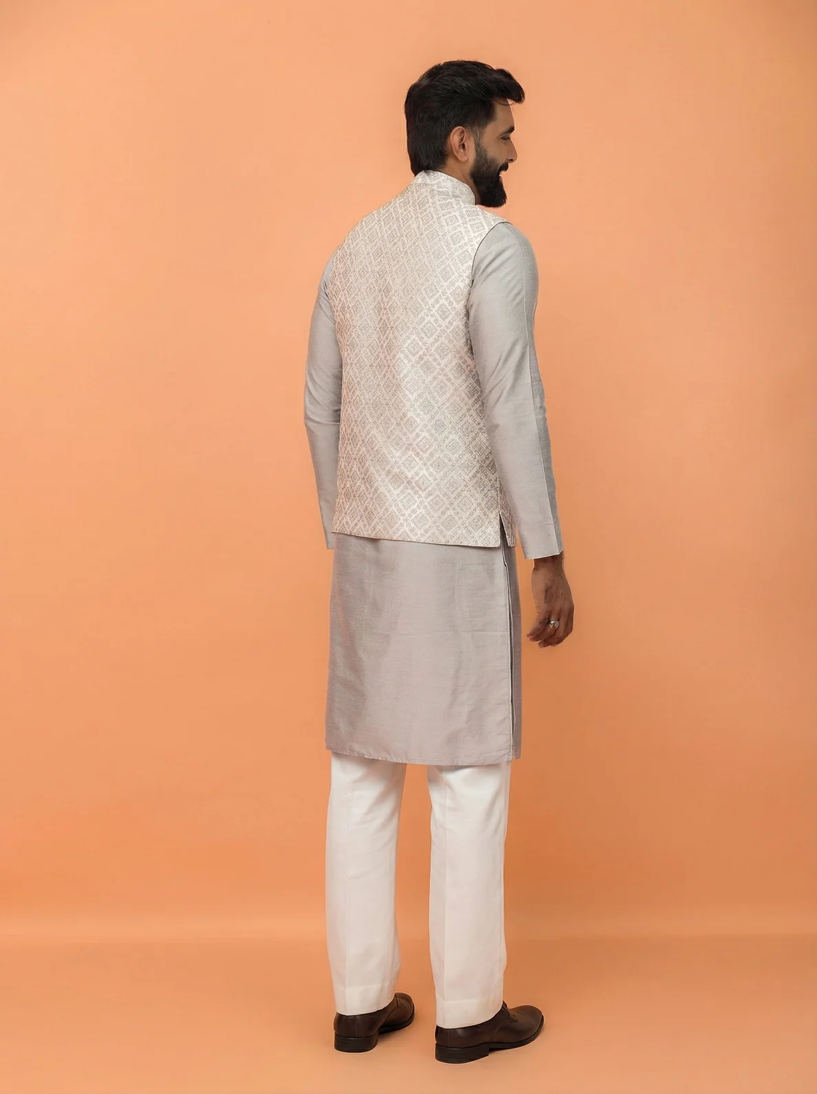 Grey Silk Blend Textured Kurta Jacket Wide Leg Trouser Set - Image 3