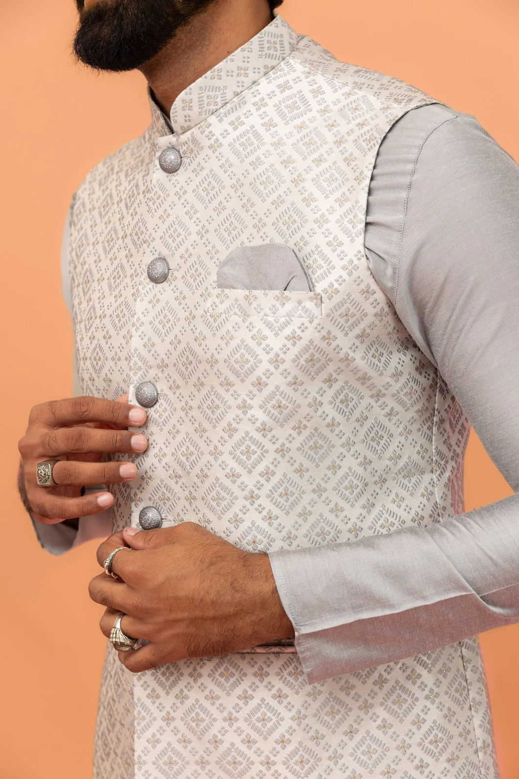 Grey Silk Blend Textured Kurta Jacket Wide Leg Trouser Set - Image 4