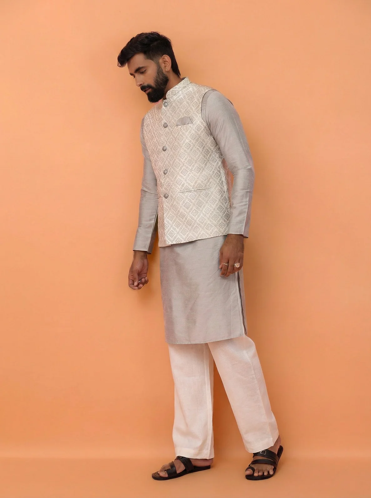 Grey Silk Blend Textured Kurta Jacket Wide Leg Trouser Set - Image 6