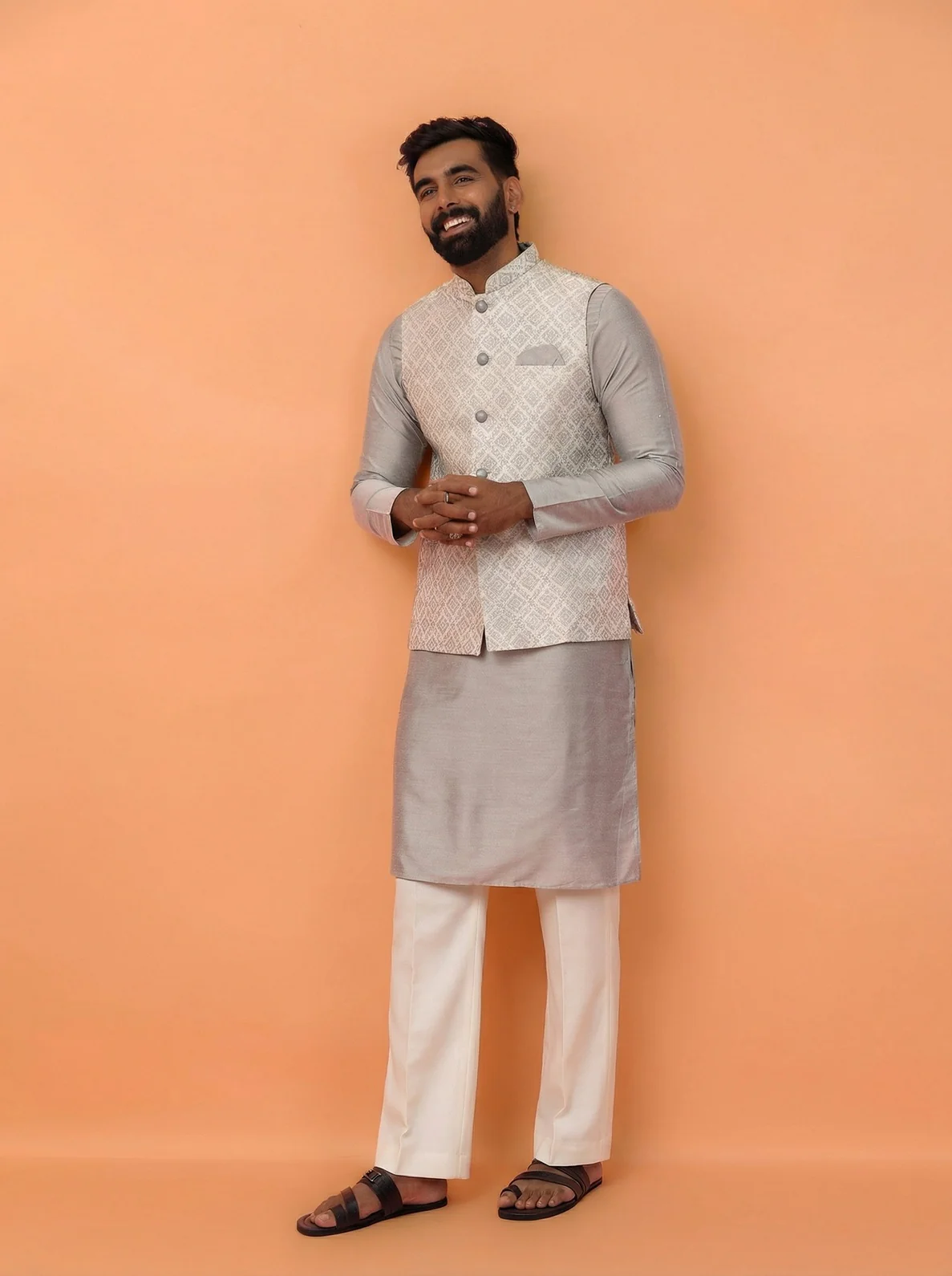 Grey Silk Blend Textured Kurta Jacket Wide Leg Trouser Set - Image 7
