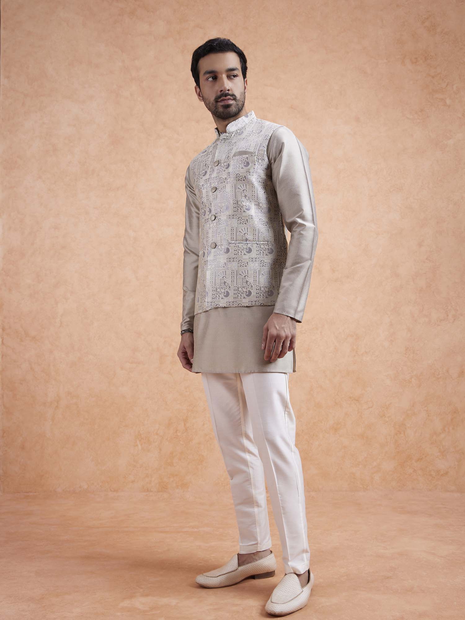Beige Jacquard Kurta Jacket Set - Image 3