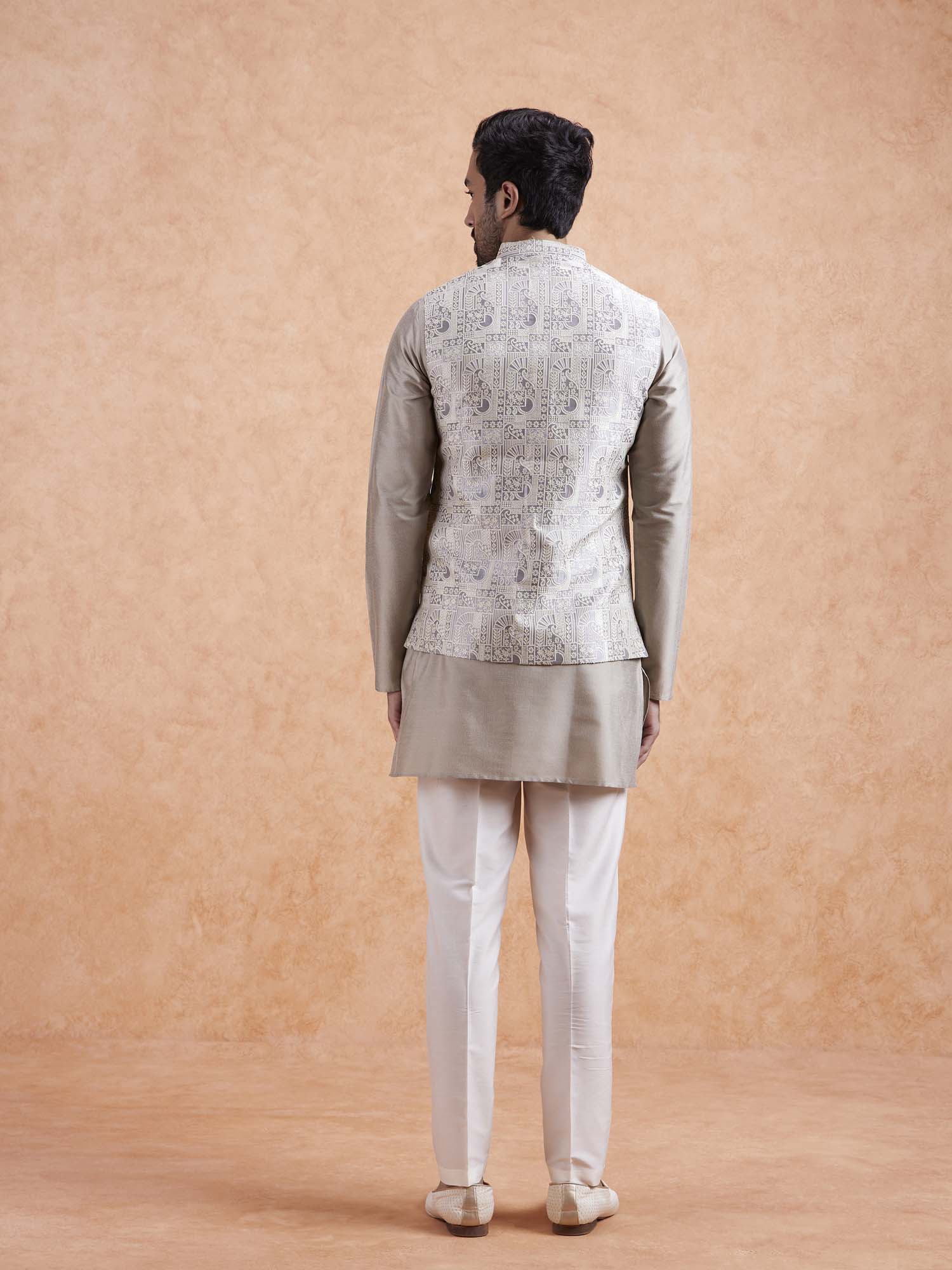 Beige Jacquard Kurta Jacket Set - Image 4