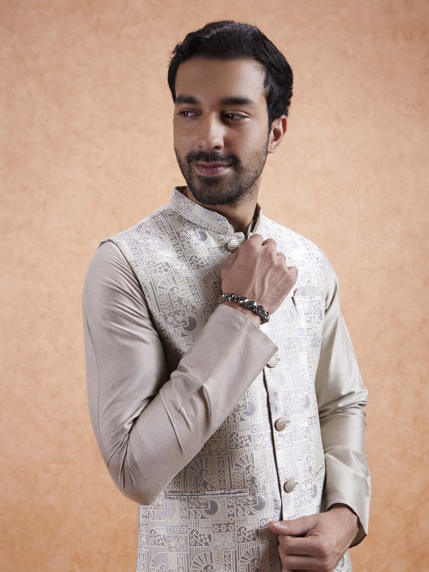 Beige Jacquard Kurta Jacket Set - Image 5
