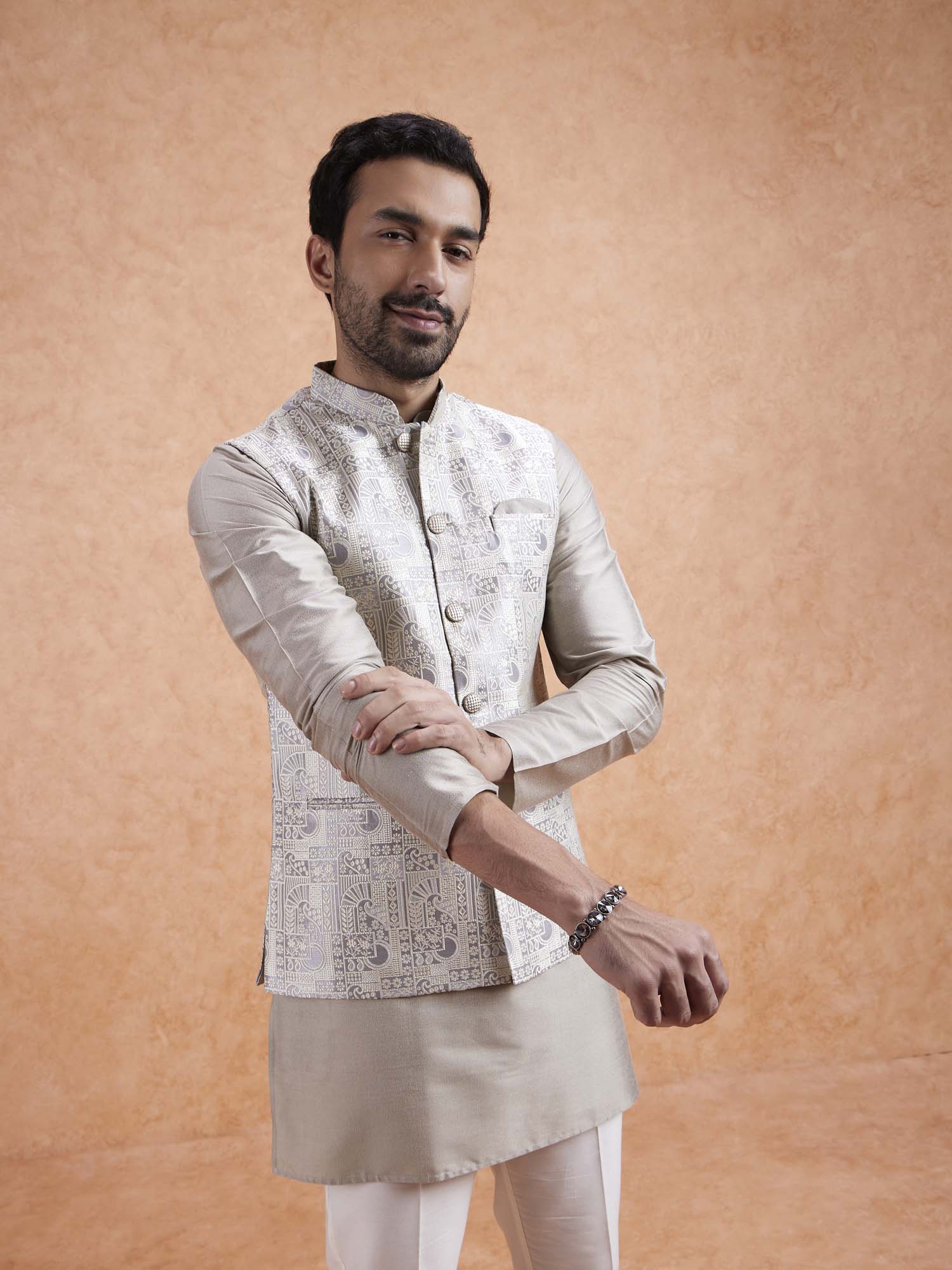 Beige Jacquard Kurta Jacket Set - Image 8