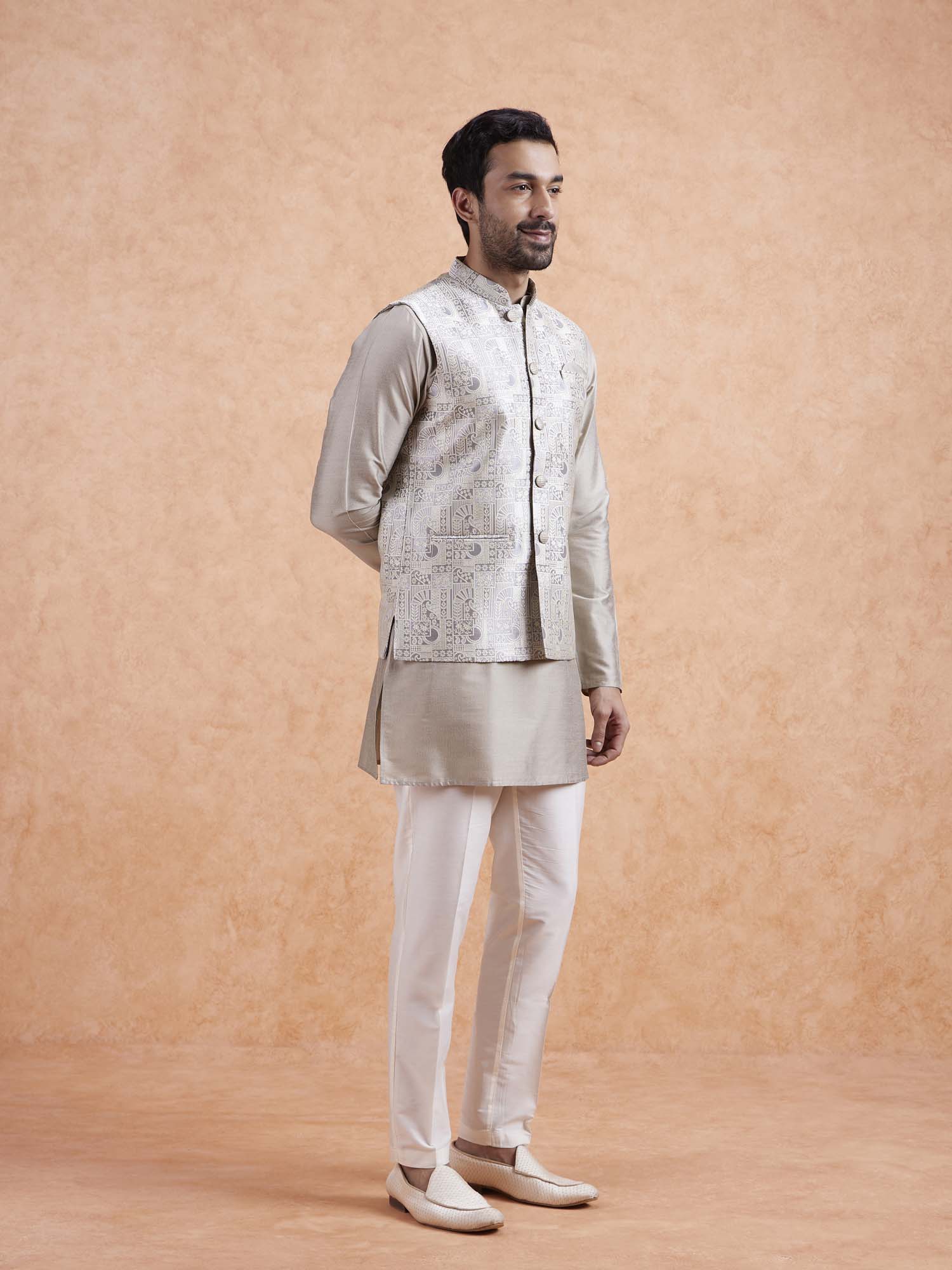 Beige Jacquard Kurta Jacket Set - Image 9