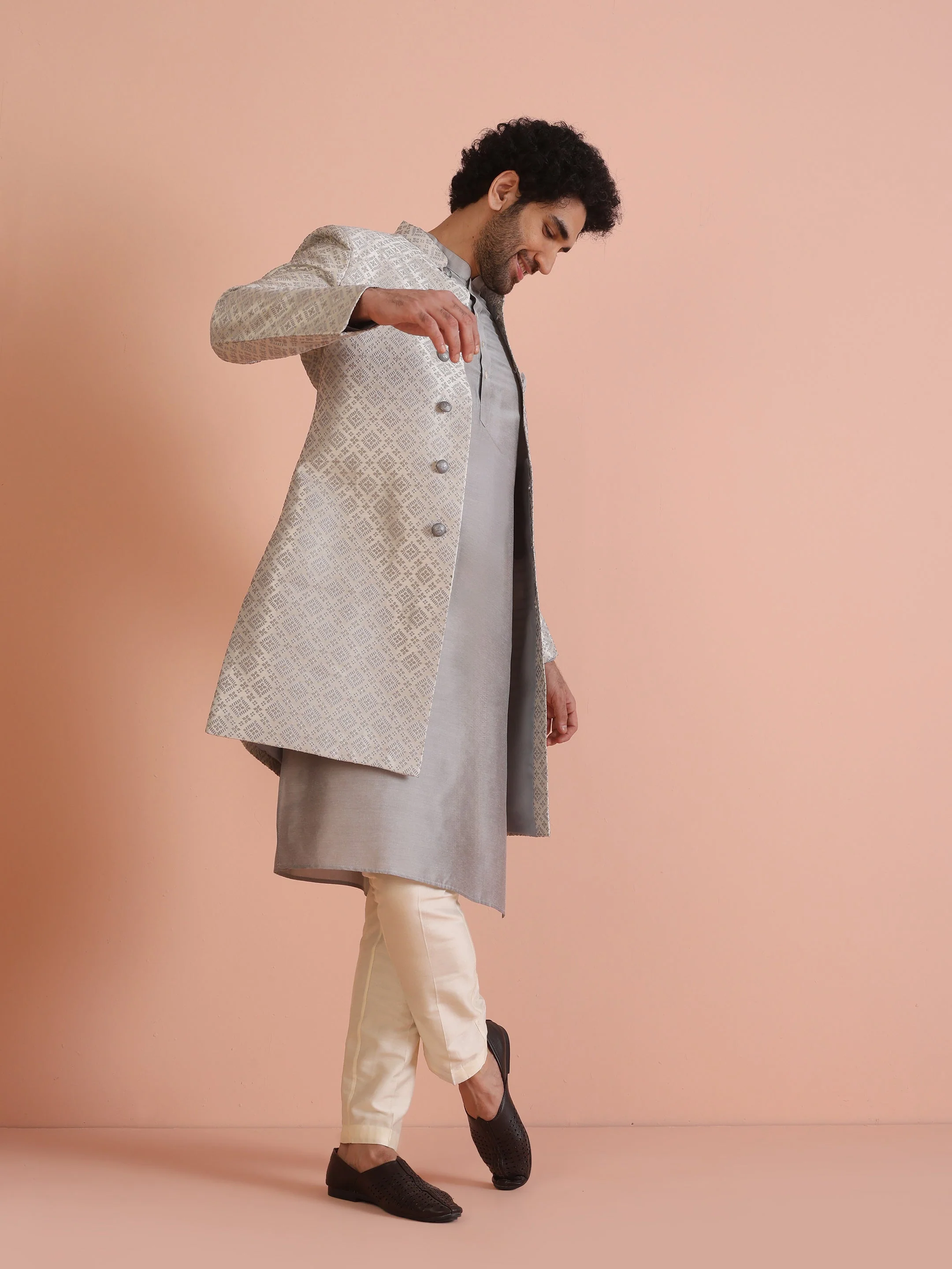 Grey Silk Blend Woven Sherwani Kurta Trouser Set - Image 3