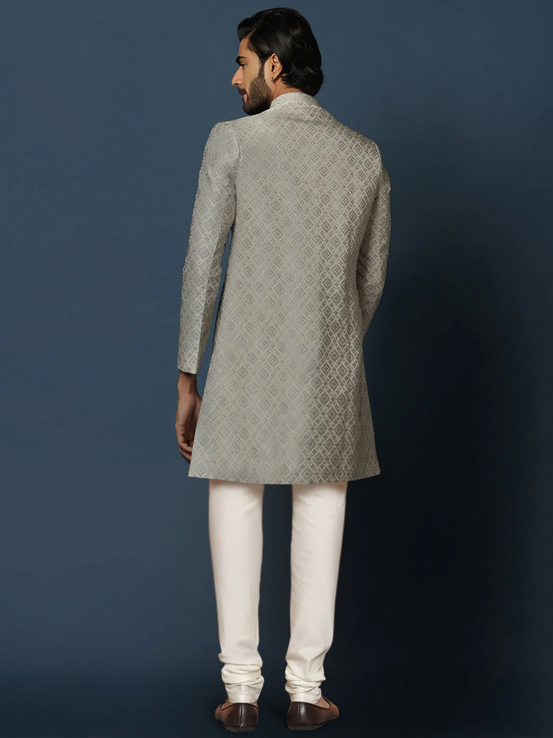 Grey Textured Sherwani Churidar Set - Image 3
