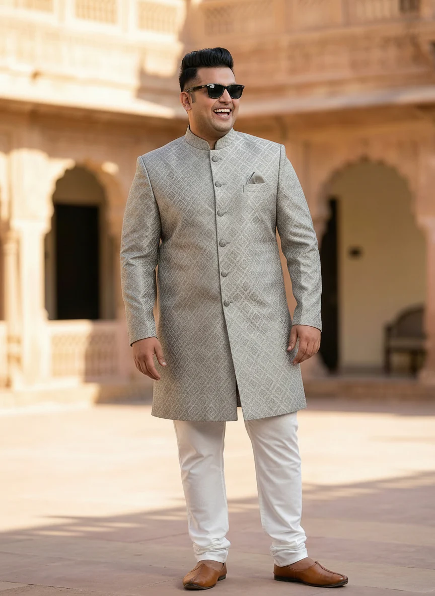 Grey Textured Sherwani Churidar Set - Image 5