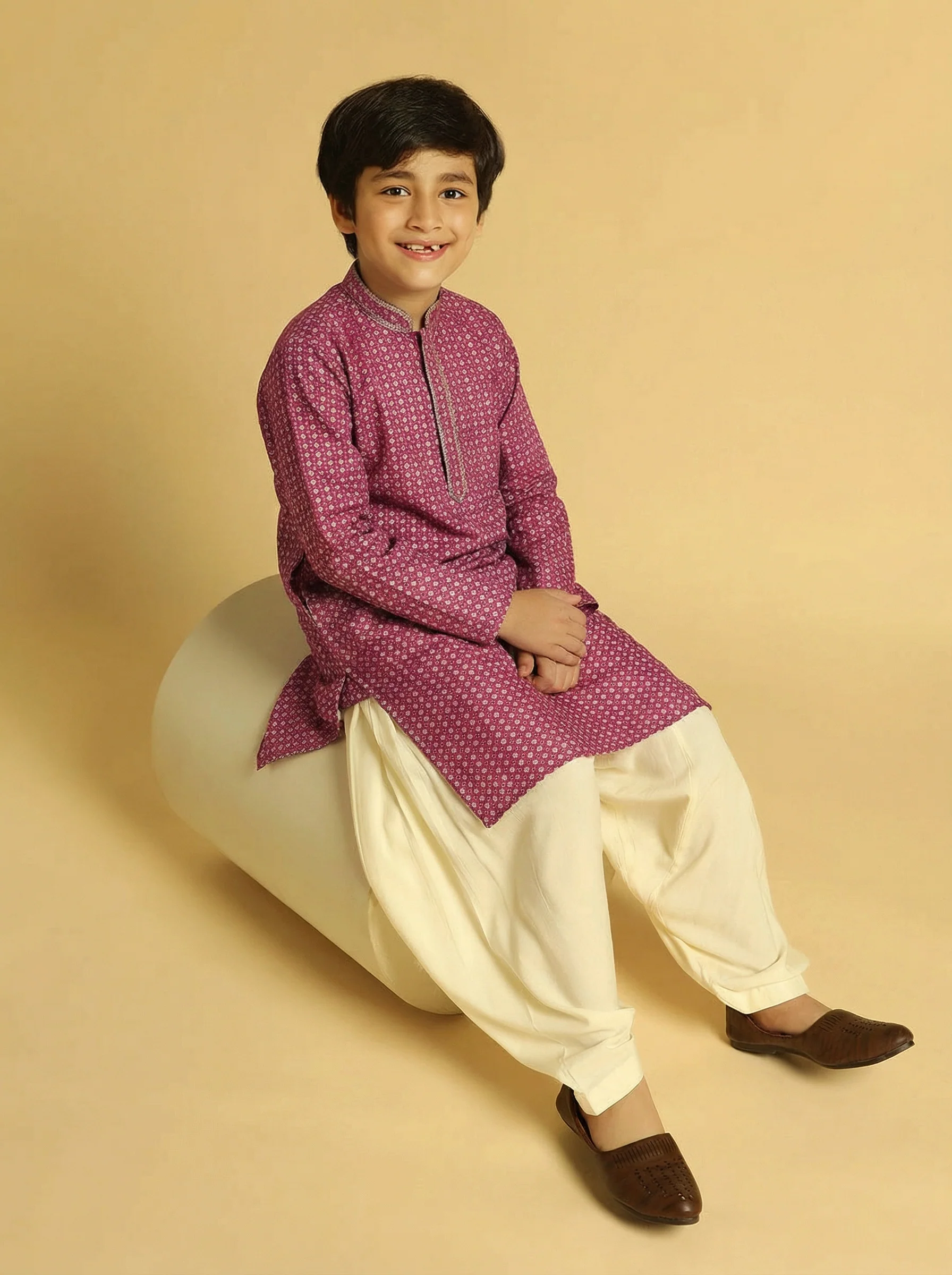 Hot Pink Cotton Blend Printed Kurta Pyjama Set