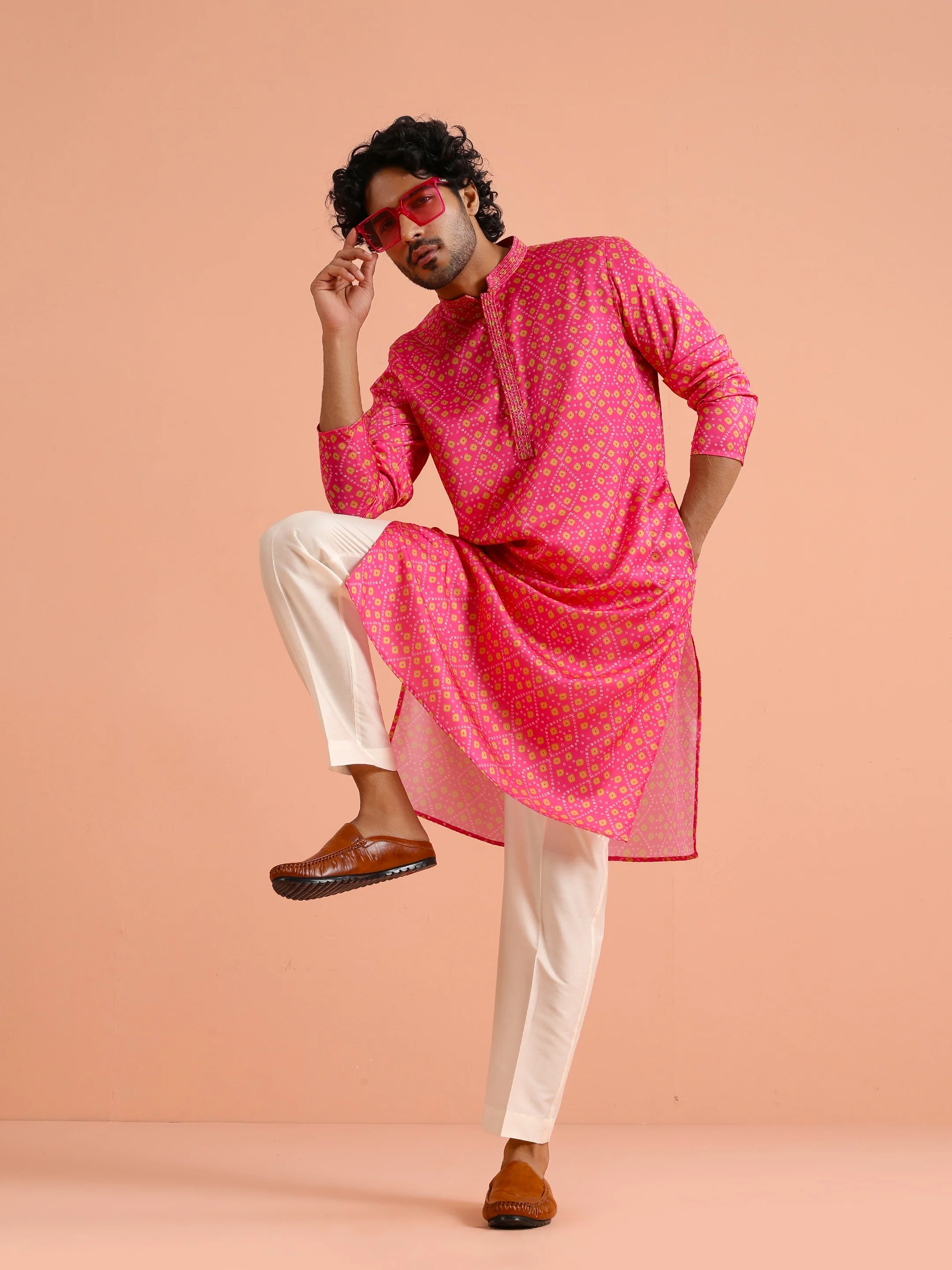 Pink Silk Printed Geometric Kurta Trouser Set