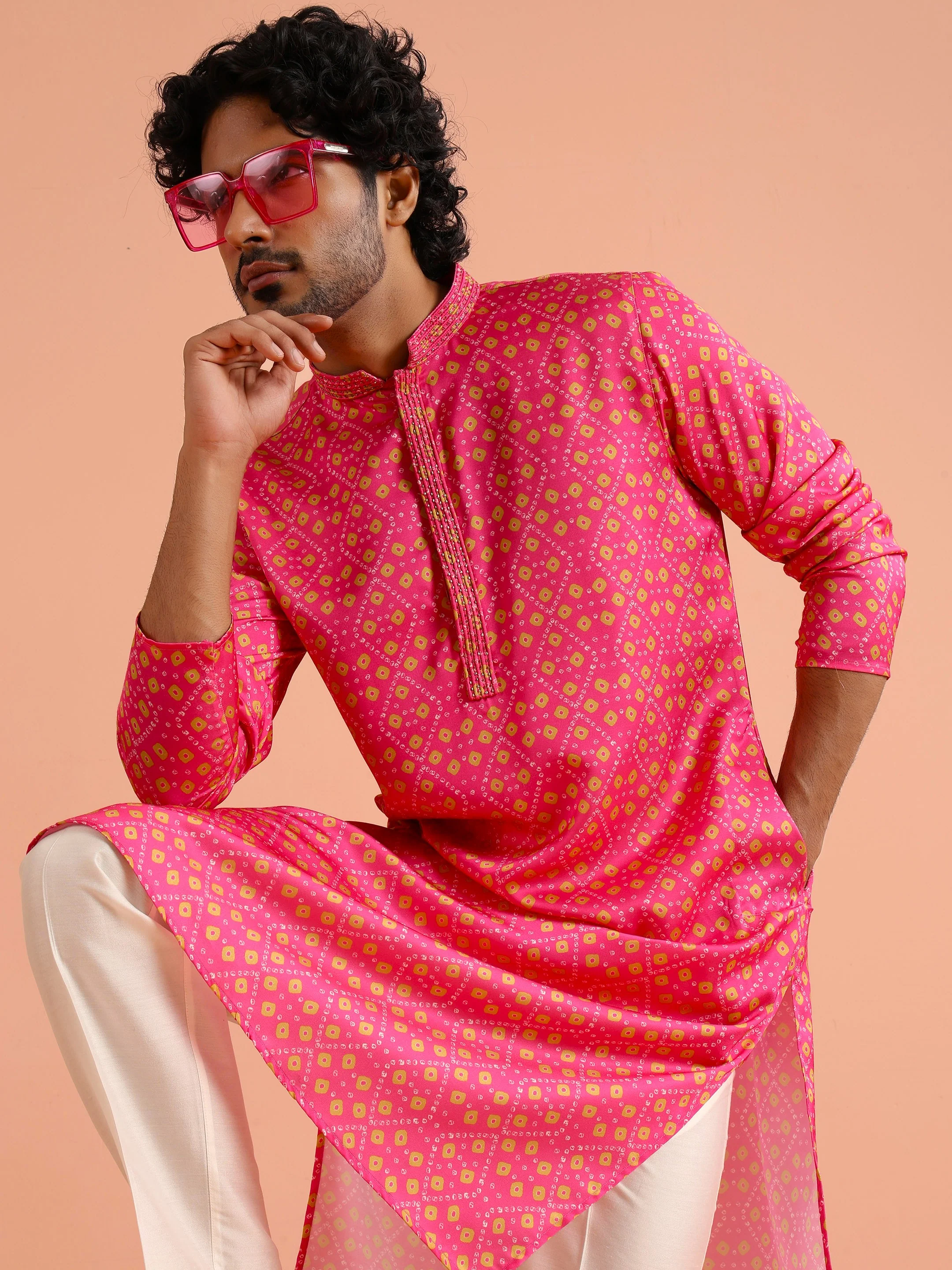 Pink Silk Printed Geometric Kurta Trouser Set - Image 8