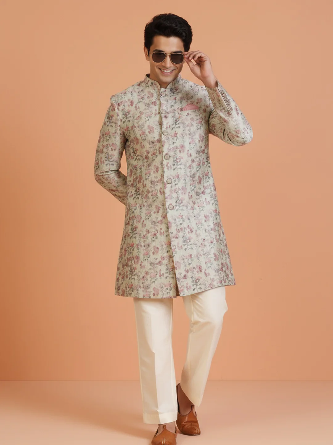 Ivory Floral Printed Sherwani Trouser Set