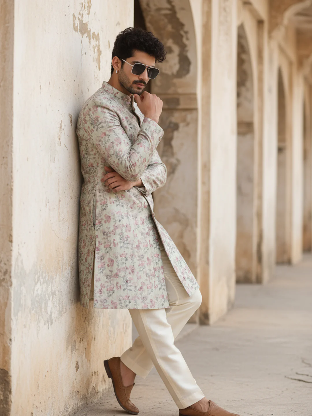 Ivory Floral Printed Sherwani Trouser Set - Image 2