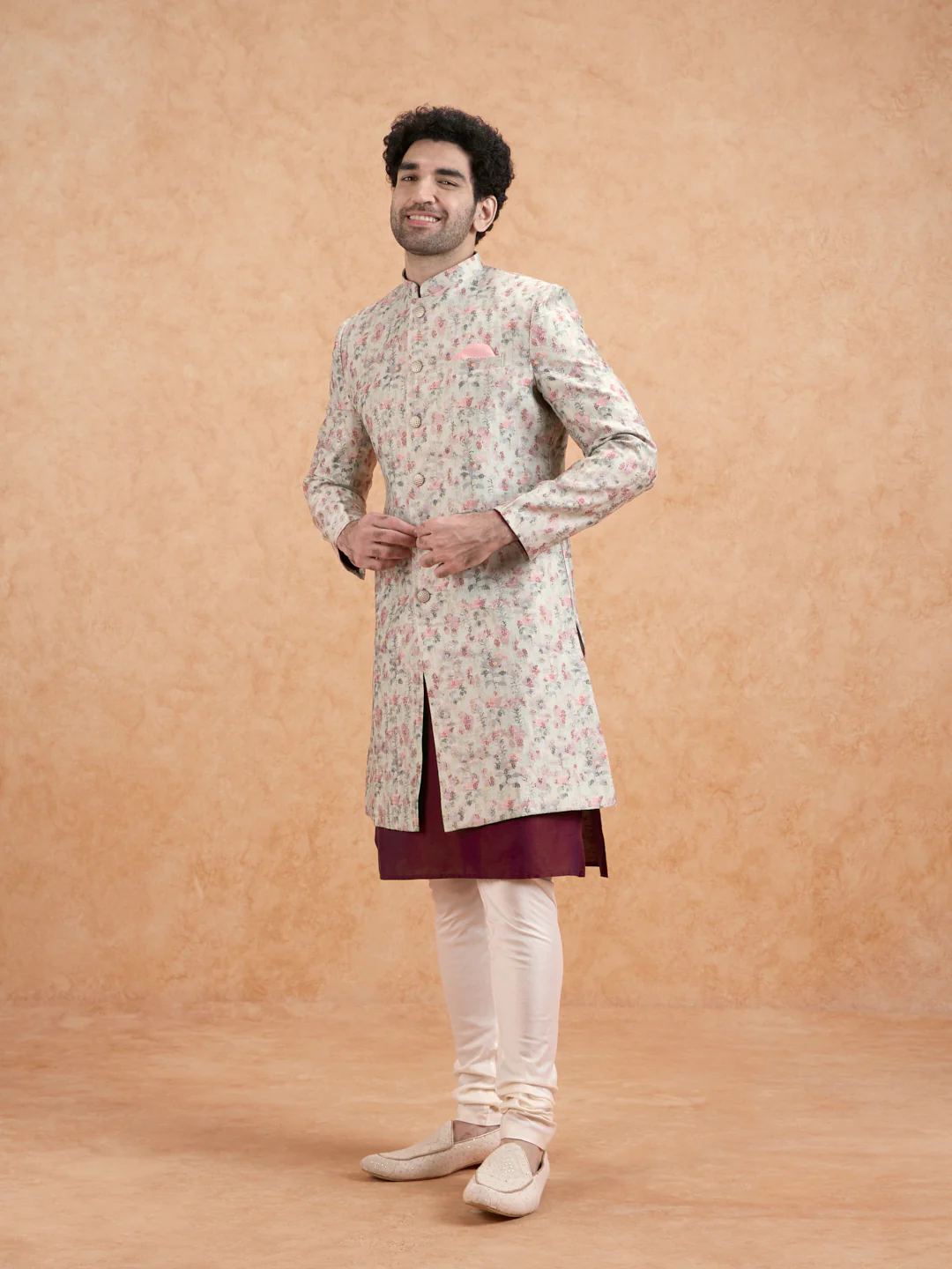 Ivory Floral Sherwani Kurta Set - Image 2
